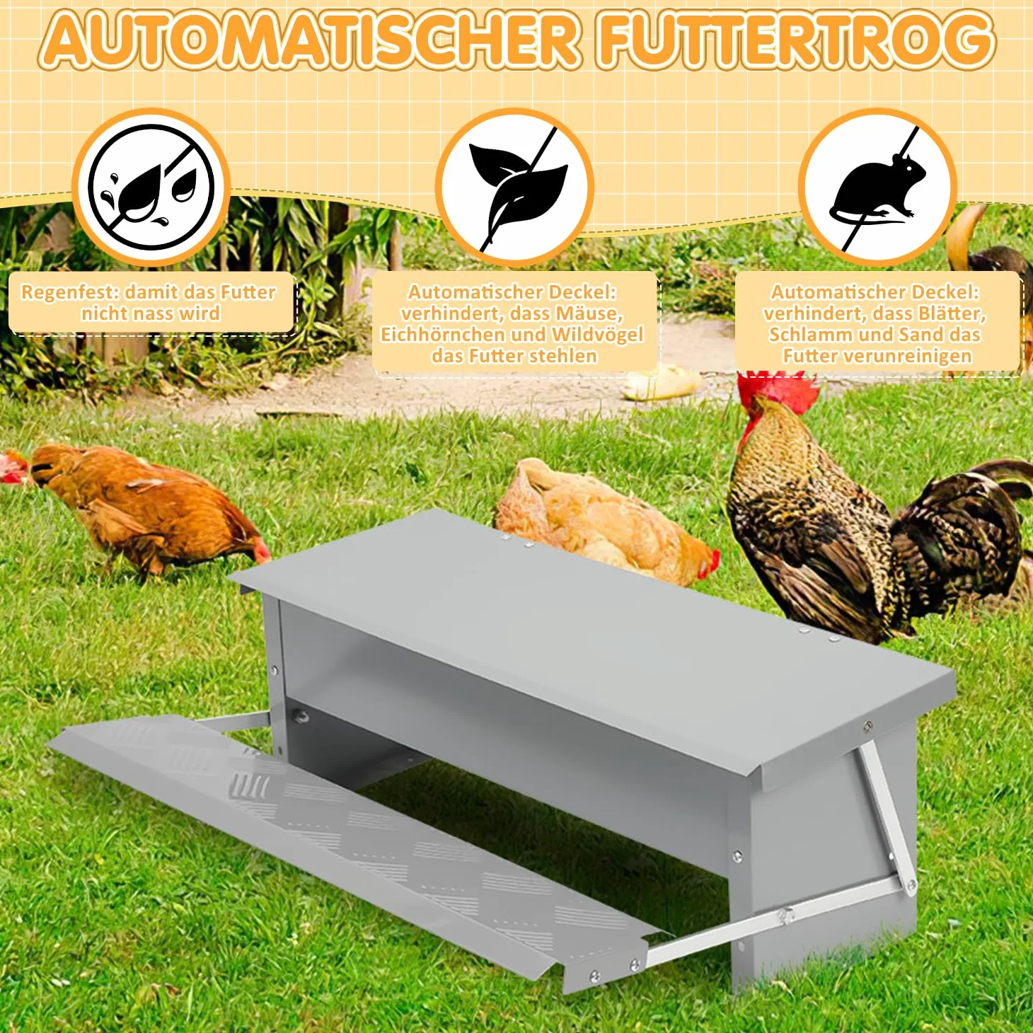 Comedero automático para mascotas con tapa de acero inoxidable, 5 kg, comedero automático para gallinas, 2 comederos, diseño antideslizante e innovador bisel interior, ideal para perros y