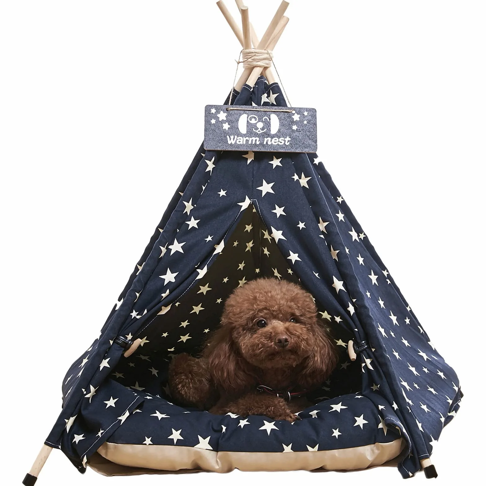 Tienda de Campaña Teepee-61cm Portátil Interior Perro Teepee Cama con Cojín Grueso, Lavable Azul Marino Estrellas Patrón Teepee Tienda Casa para Cachorro y Gato