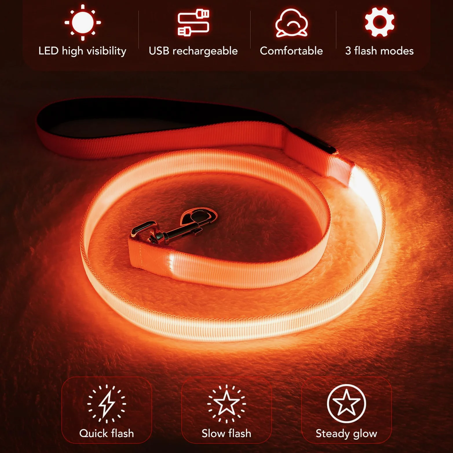 Correa LED para perro, correa de nailon recargable micro USB, correa de seguridad estándar para perros de 4 pies (naranja)