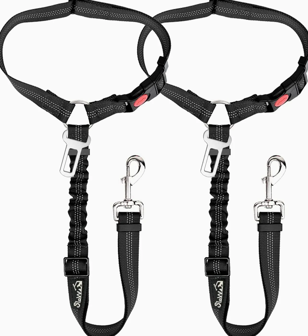 SlowTon Cinturón de seguridad para perro, 2 unidades, arnés de seguridad ajustable con amortiguador elástico elástico, correa de coche 2 en 1 para mascotas, reposacabezas reflectante (negro