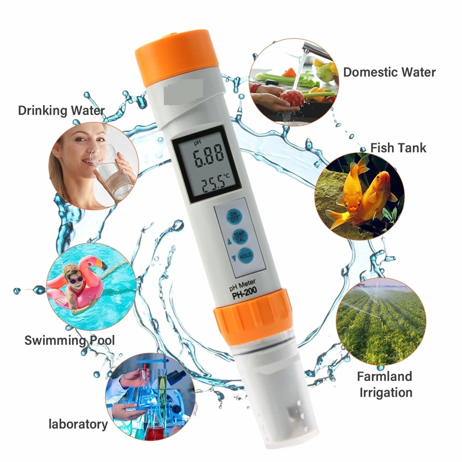 Medidor digital de TDS, EC, temperatura y pH, ±0,1, alta precisión, probador de calidad del agua, resistente al agua, for acuarios y piscinas.(Oranje)