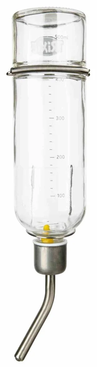 Trixie - Bebedero de Cristal para Roedores, 500 ml, Transparente, con Tapón y Boquilla Metálica Anti-Mordiscos, Sistema de Fijación Seguro para Jaulas