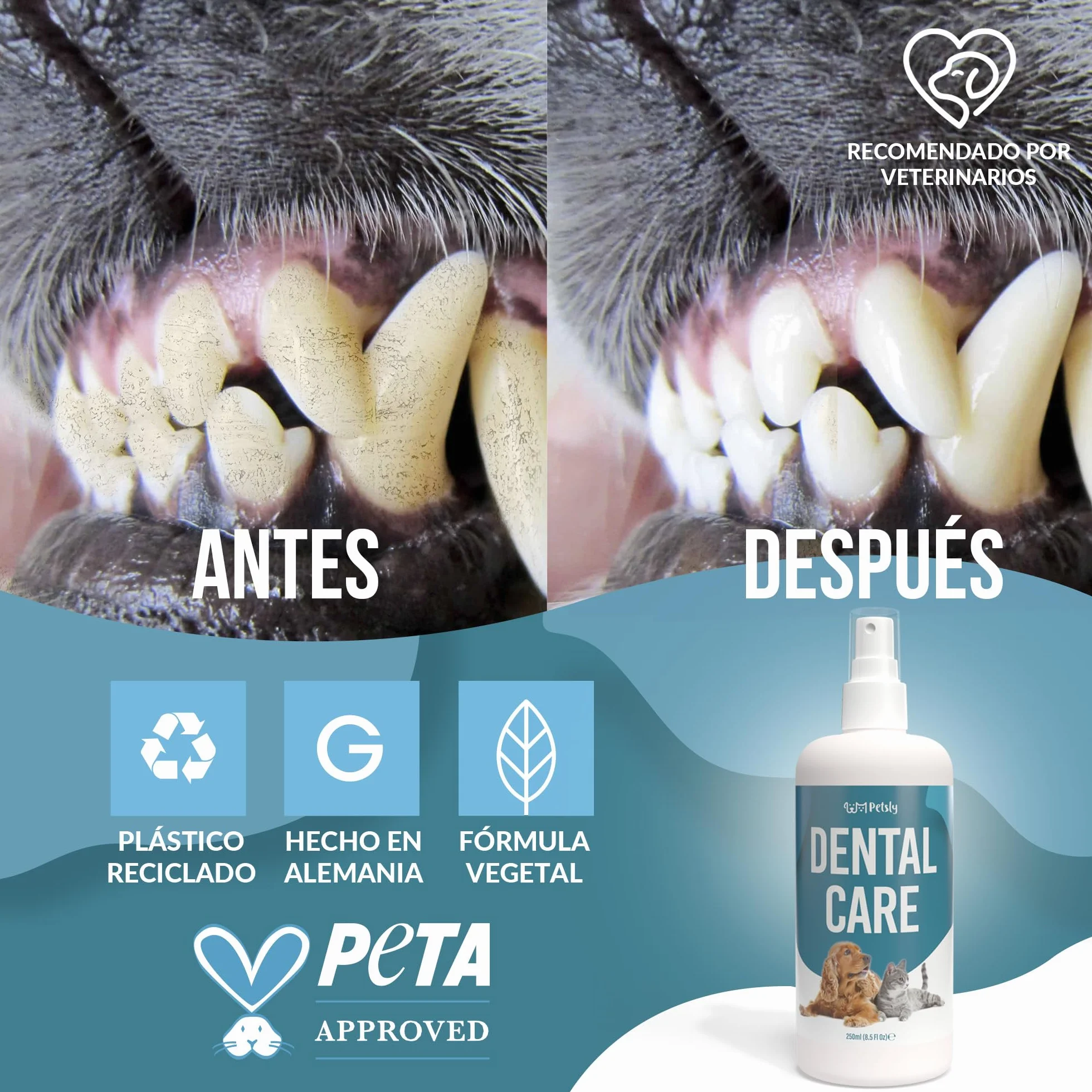 Petsly® Spray Dental Perros y Gatos - 250ml - Elimina el Mal Aliento, Reduce Sarro y Placa - Higiene Bucal sin Cepillado ni Enjuague - Ingredientes Naturales, Seguro si se Ingiere - Calidad Alemana
