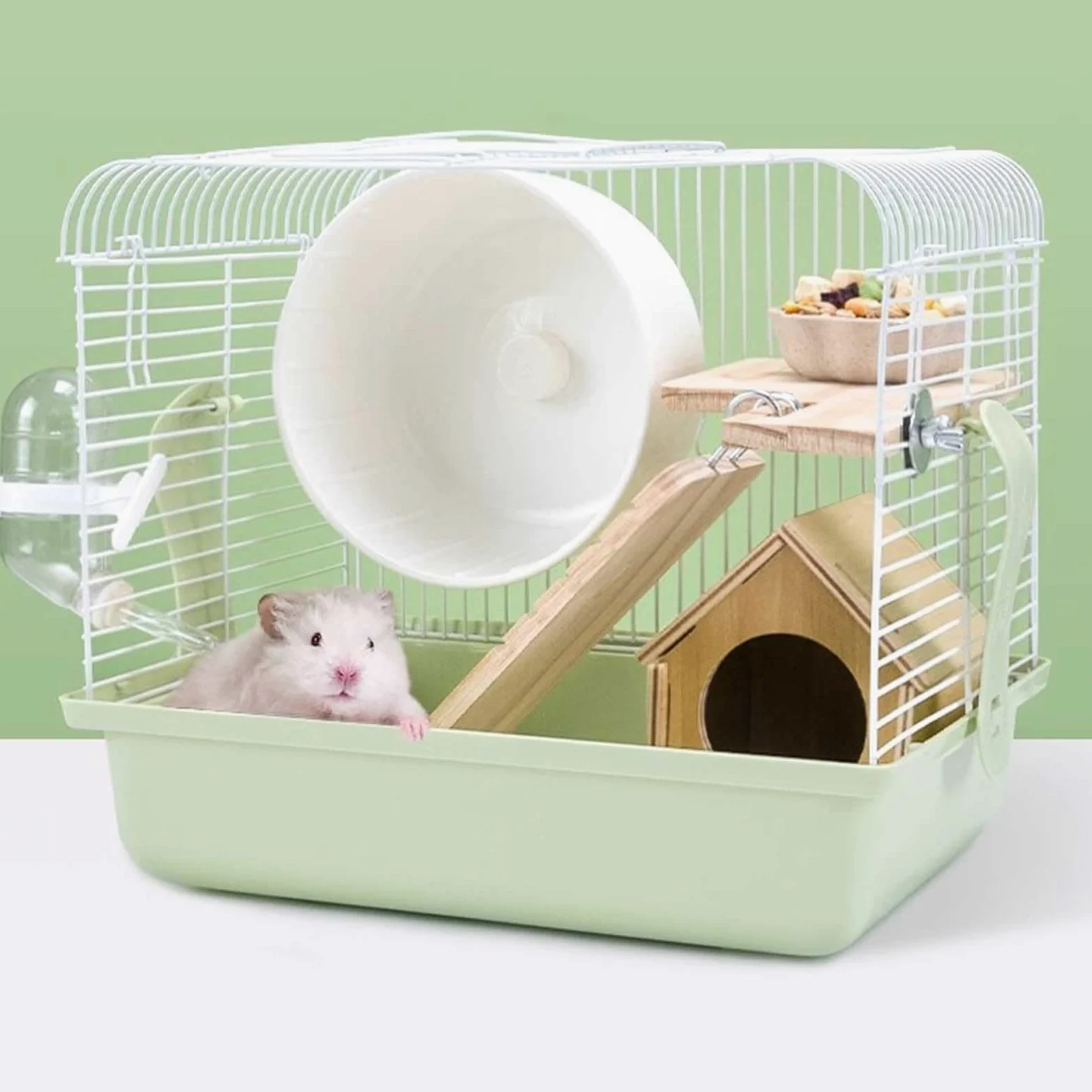 Jaula Hamster Enano de 2 Niveles, Jaula para Roedores y Jerbos, Jaula Portátil para Ratones, Transportador de Animales Pequeños con Casa, Ruedas para Ejercicios de Carrera(Green)