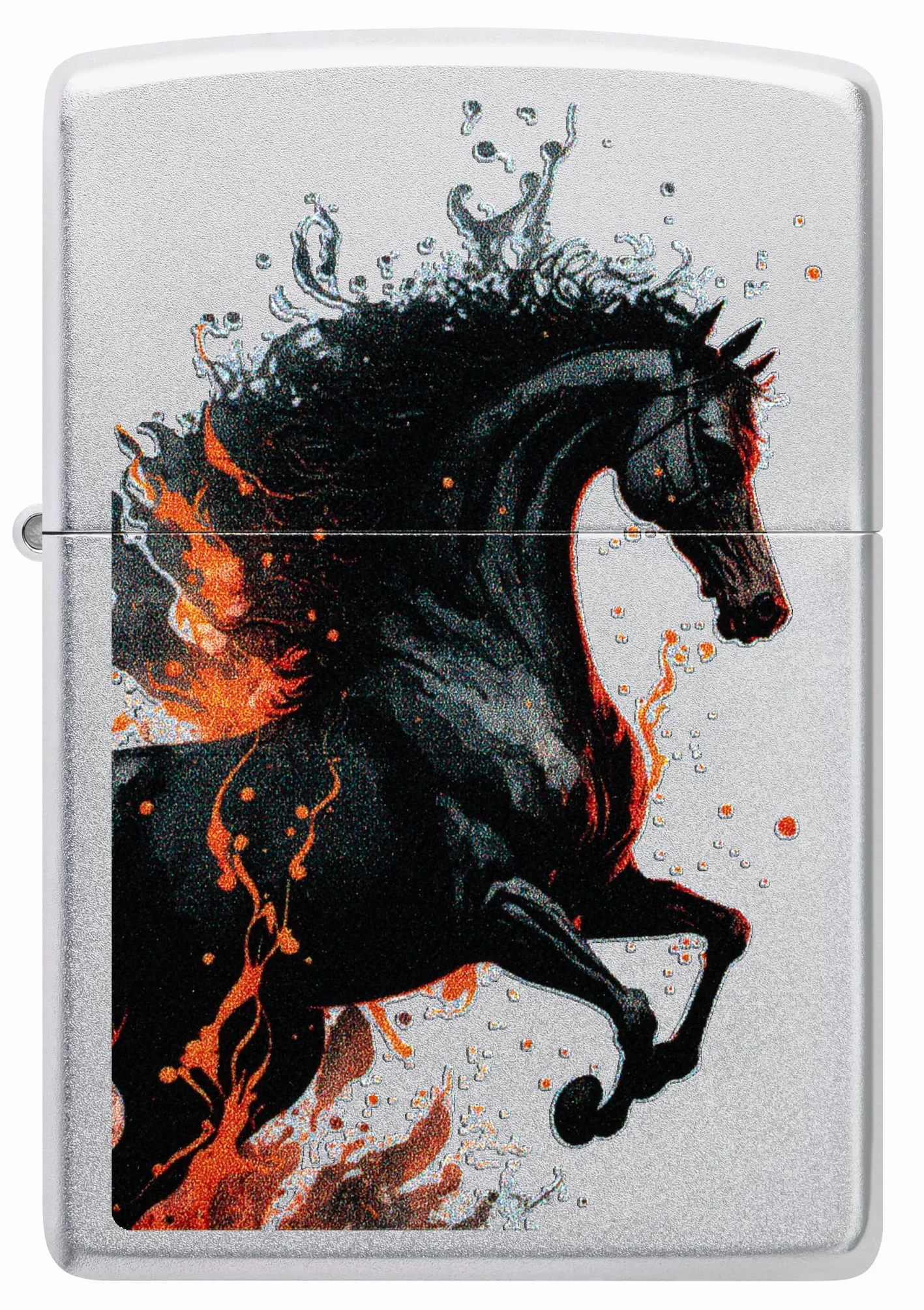 Zippo Fire Horse Windproof Lighter Satin Chrome Color Image Rechargeable Reusable Gift Box Made in USA