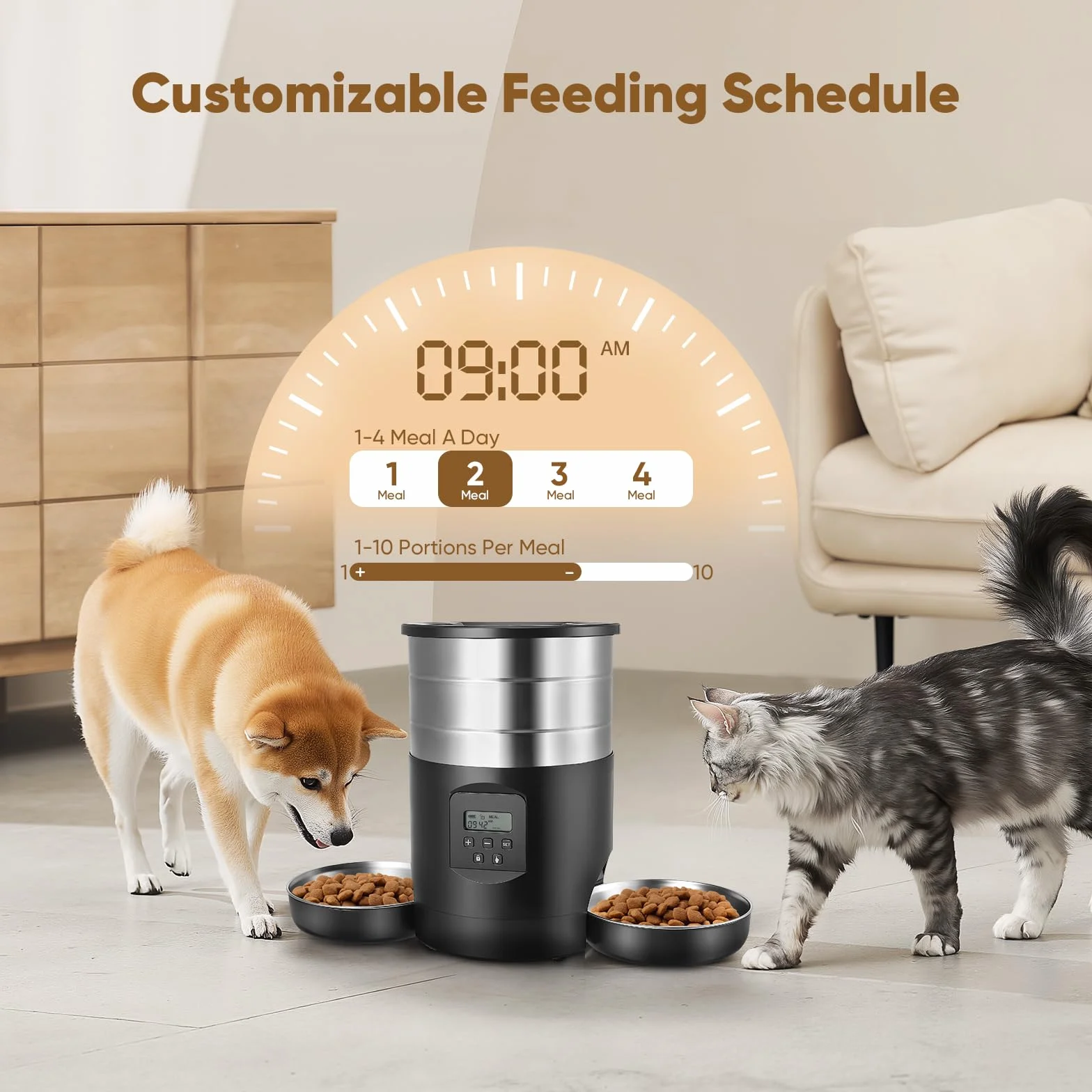 Comedero Automático Gatos 5L con 2 Cuencos, WiFi 2.4G & App Temporizador, Dobles Cuencos Interior Comedero Inteligente, Alimentación Doble con Control de Botones