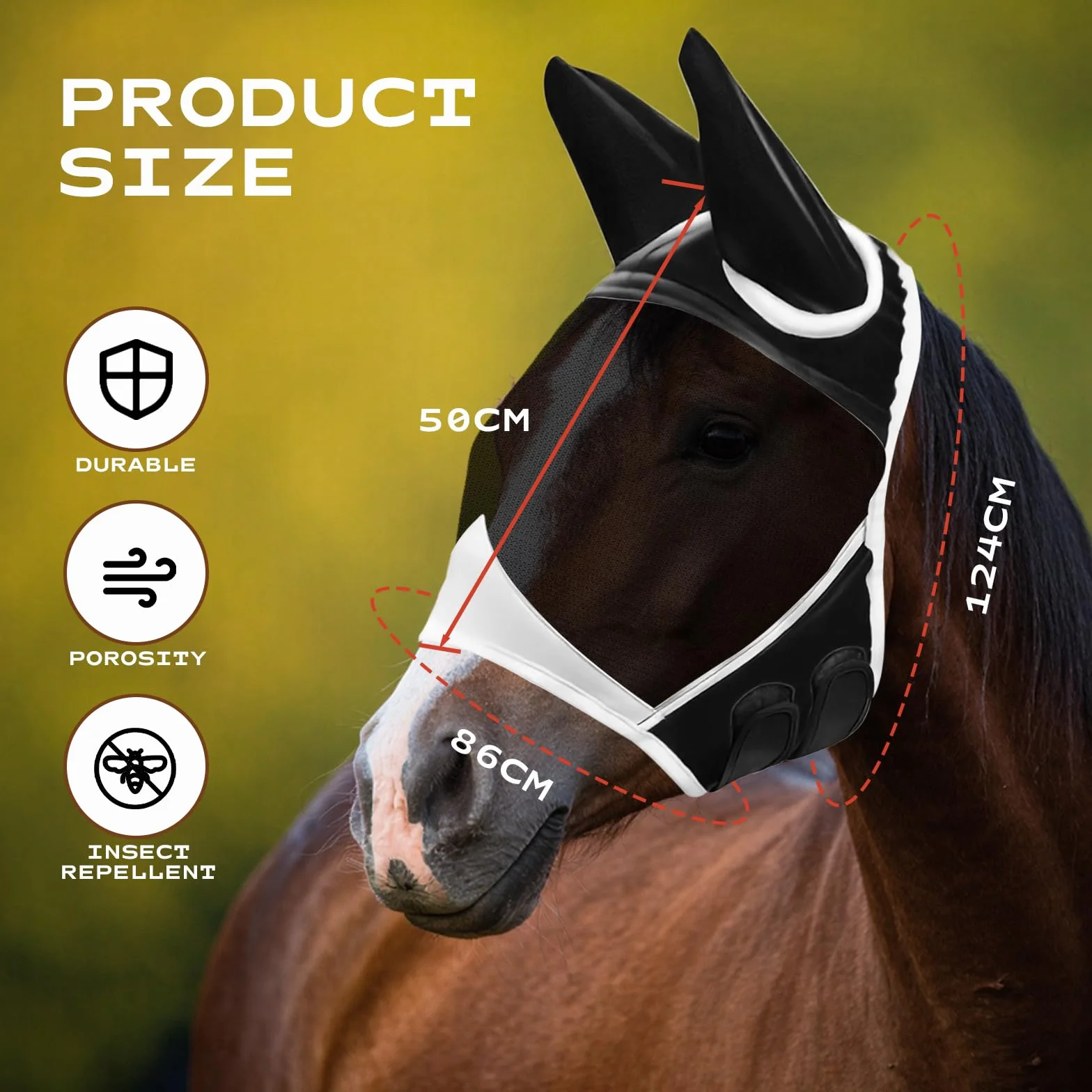 Máscara antimoscas para caballos transpirable malla fina ajustable protección orejas antiUV negro L