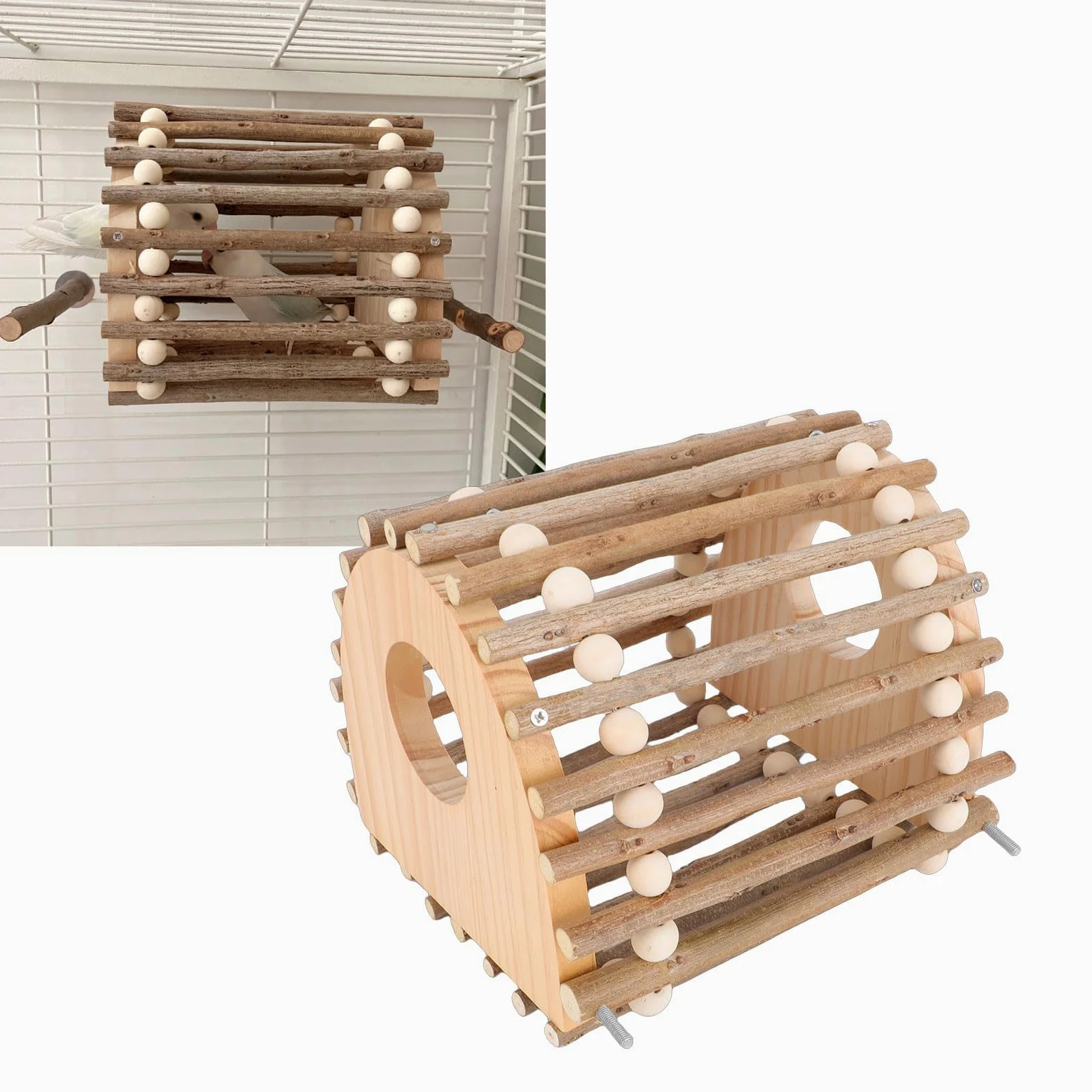 Generic Jaula para Pájaros, Juguete de Escalada, Diseño Multifuncional de Madera de Doble Agujero para Loros y Hámsteres, Madera de Pino, 20x17x20cm