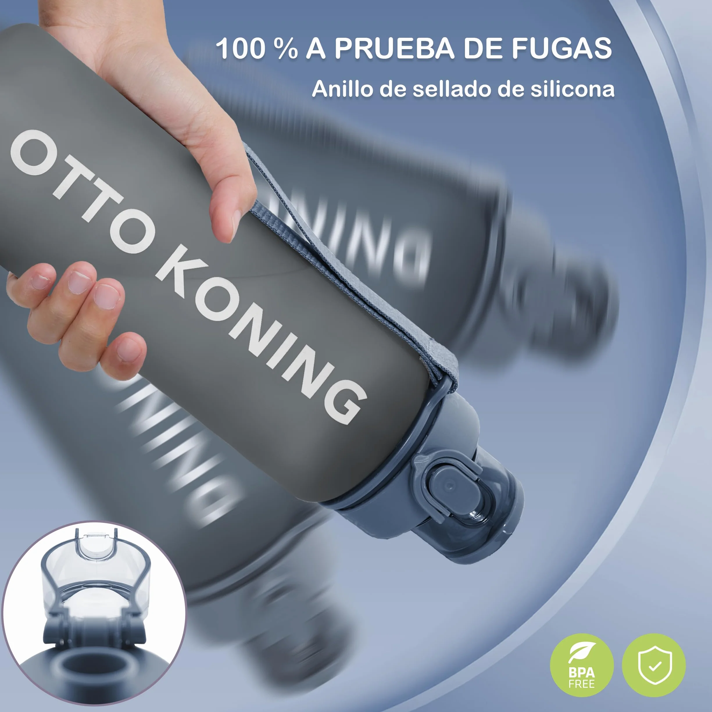 Otto Koning Botella Agua 1L Deportiva Sin BPA Hermética Boca Ancha Correa Resistente Reutilizable