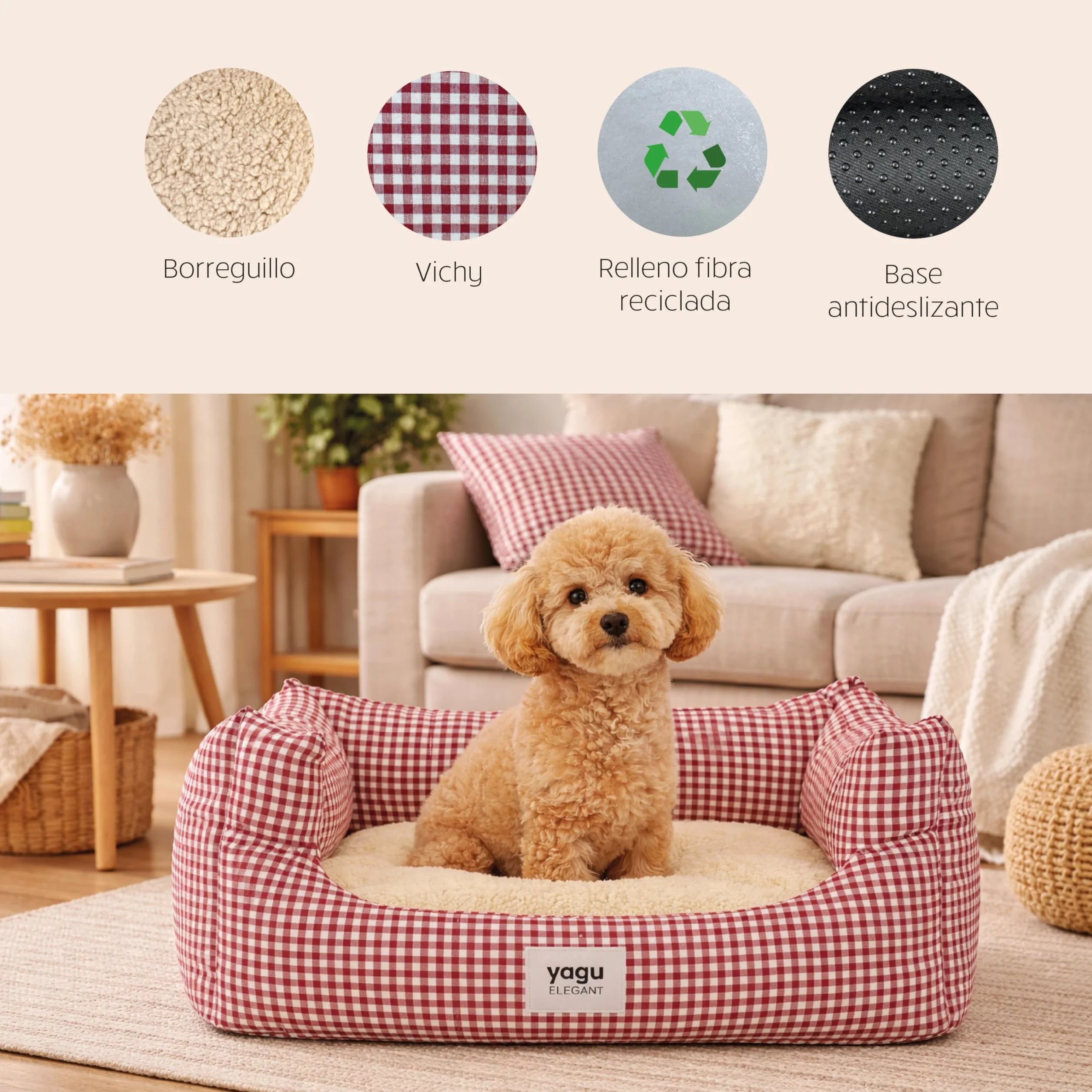 YAGU - Cama para Perros y Gatos T-2 (63x47x23 cm) Cama Confort Diseño Vichy Grana con Interior de Borreguillo Suave. Cojín Reversible, Relleno de Fibra Reciclada, Lavable y Base Antideslizante
