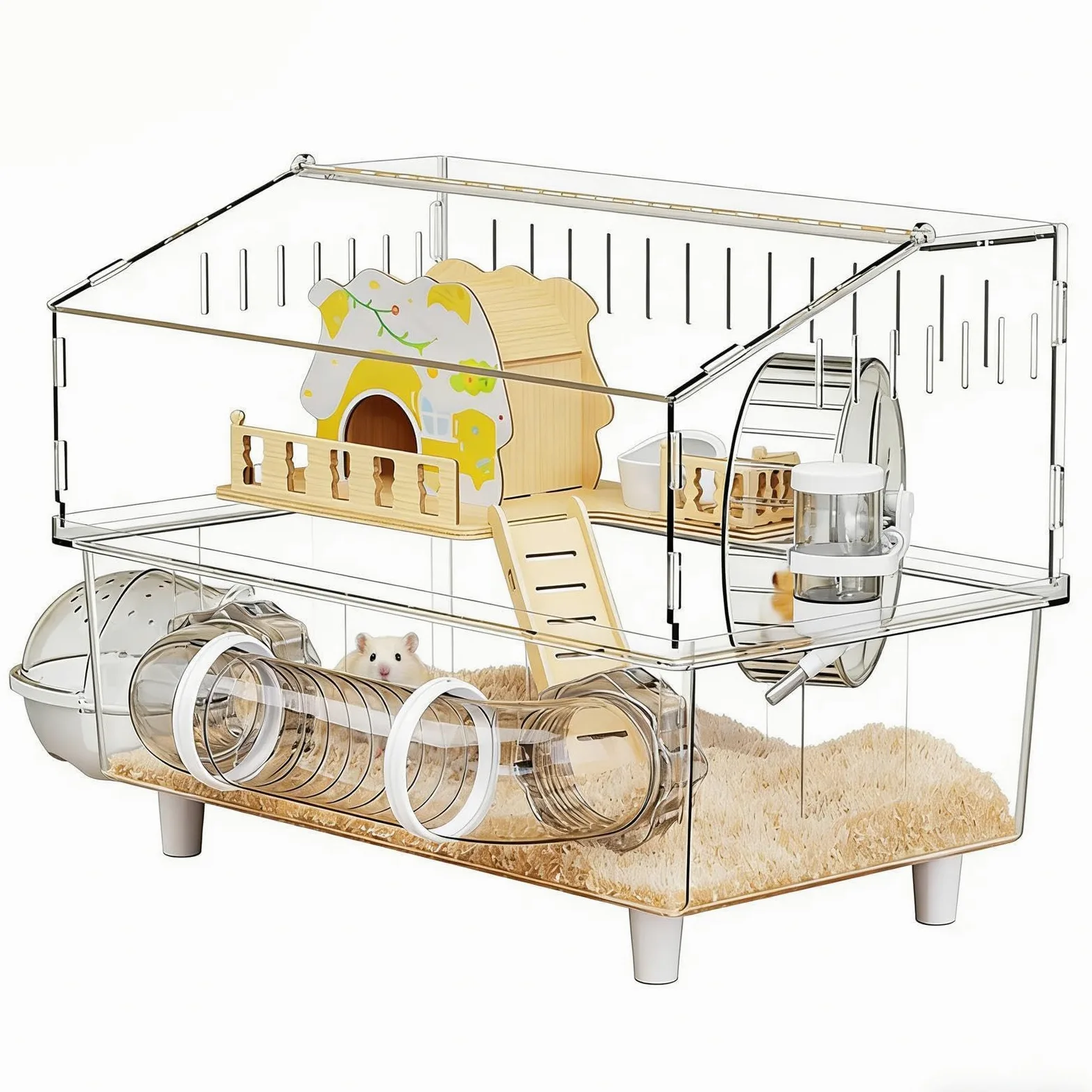 Jaula para Hámster Dos Niveles Transparente Hábitat para Chinchilla | Jaula con Bebedero y Arenero para Observación de Animales Pequeños en Interiores y Exteriores