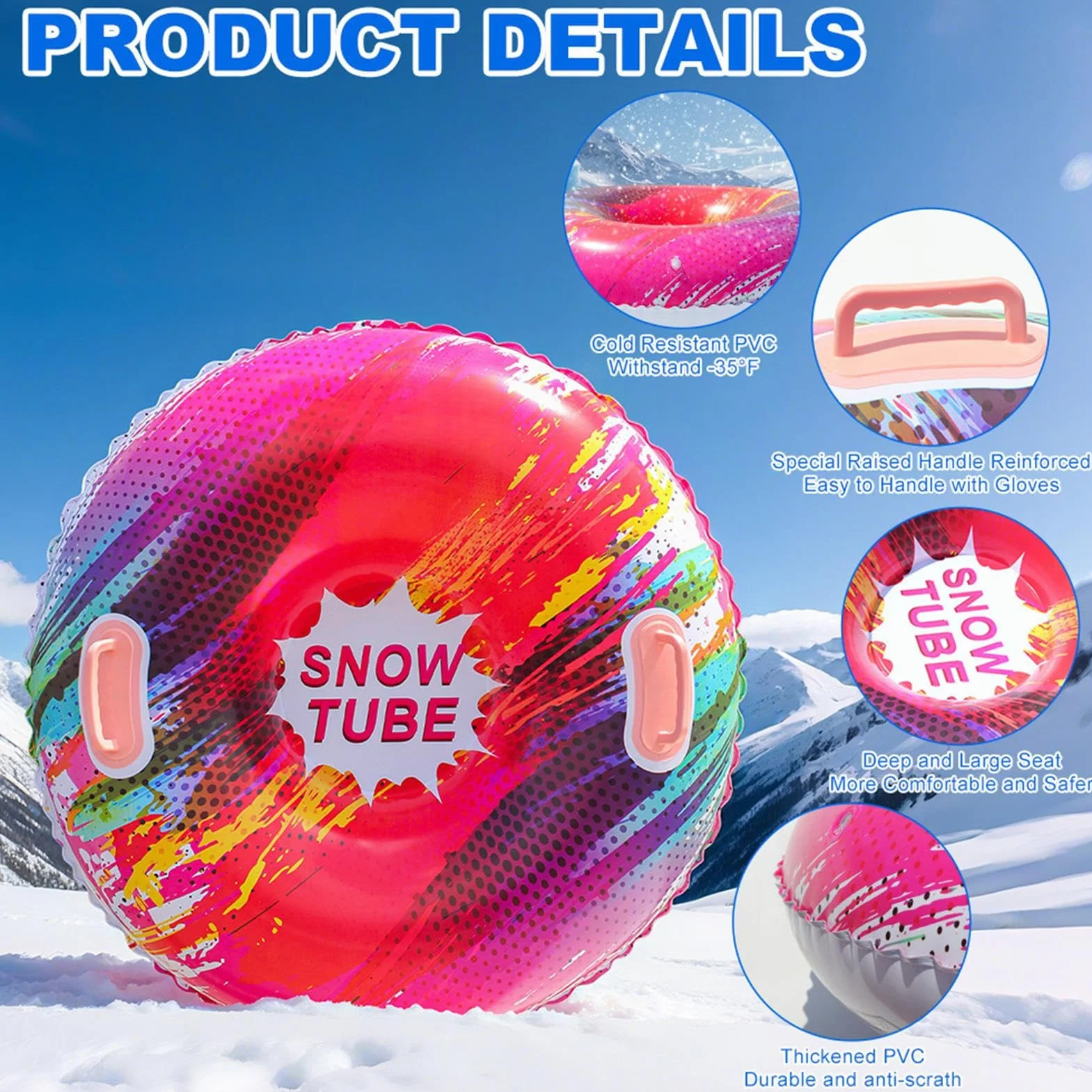 Trineo inflable 87 cm con asas, anillo de nieve engrosado antivuelco para adultos y niños