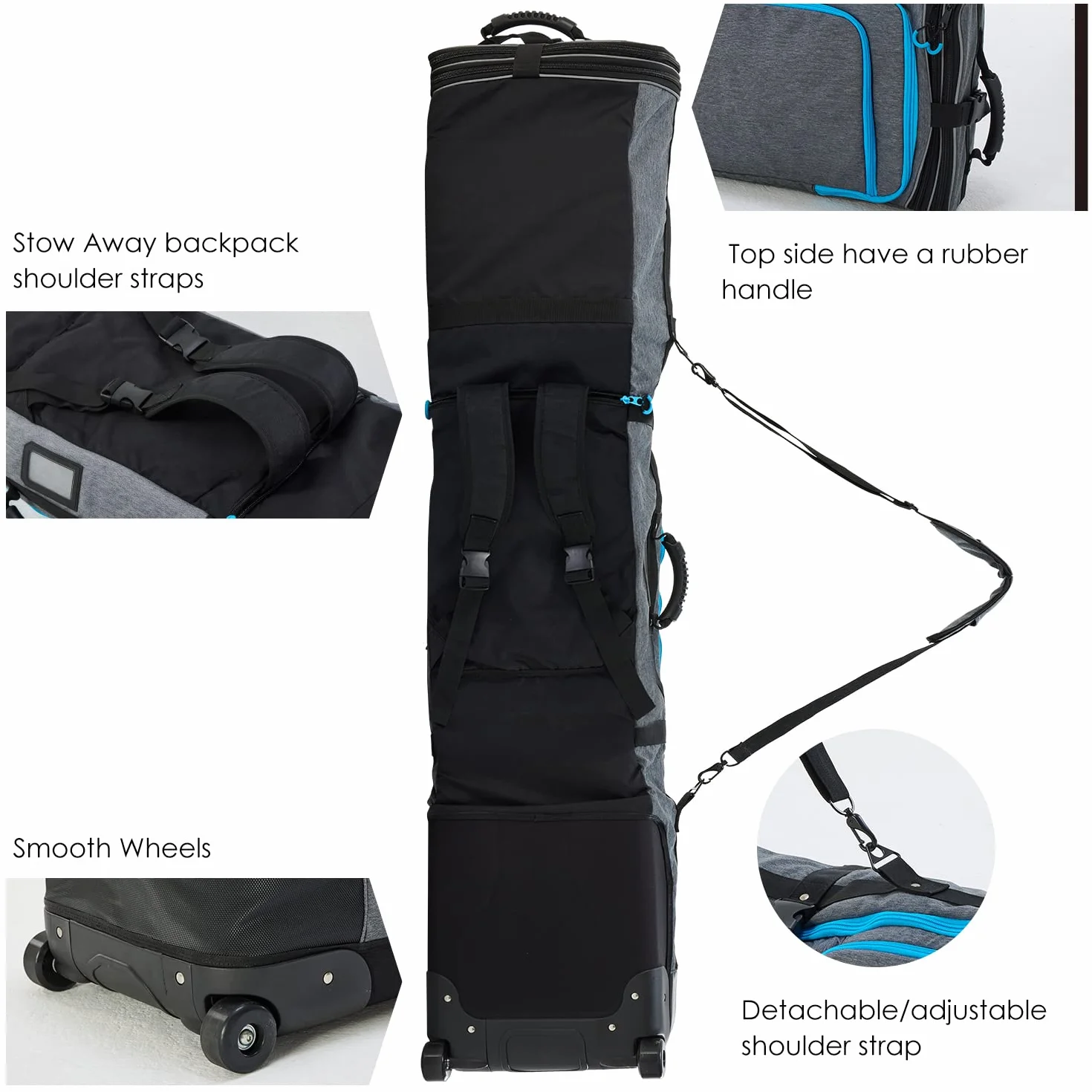 XCMAN Bolsa de Snowboard Acolchada con Ruedas Ajustable 63-75 Pulgadas 100L