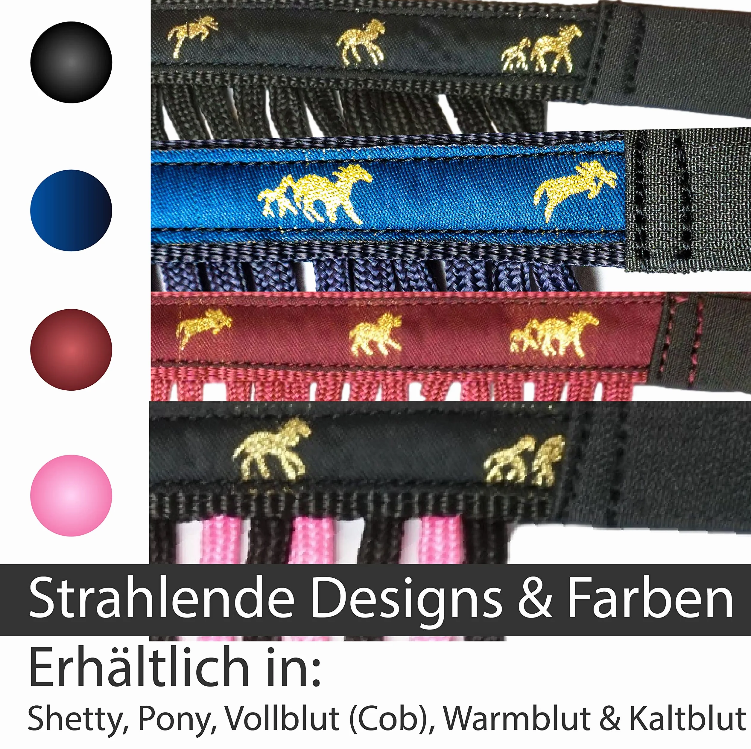 Franjas antimoscas para caballos, máscara con flecos y cierre, gorro para Shetty, Pony, Cob, sangre caliente, Kb (Cob), color negro
