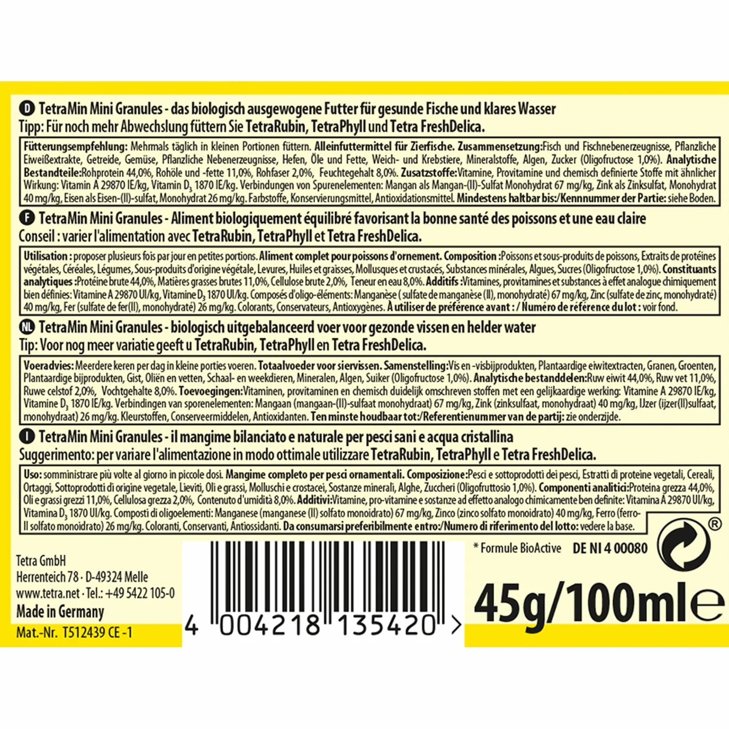 TetraMin Mini Granules - alimento en forma de gránulos de grano fino para los peces ornamentales más pequeños , mezcla equilibrada para peces sanos y agua clara, lata de 100 ml