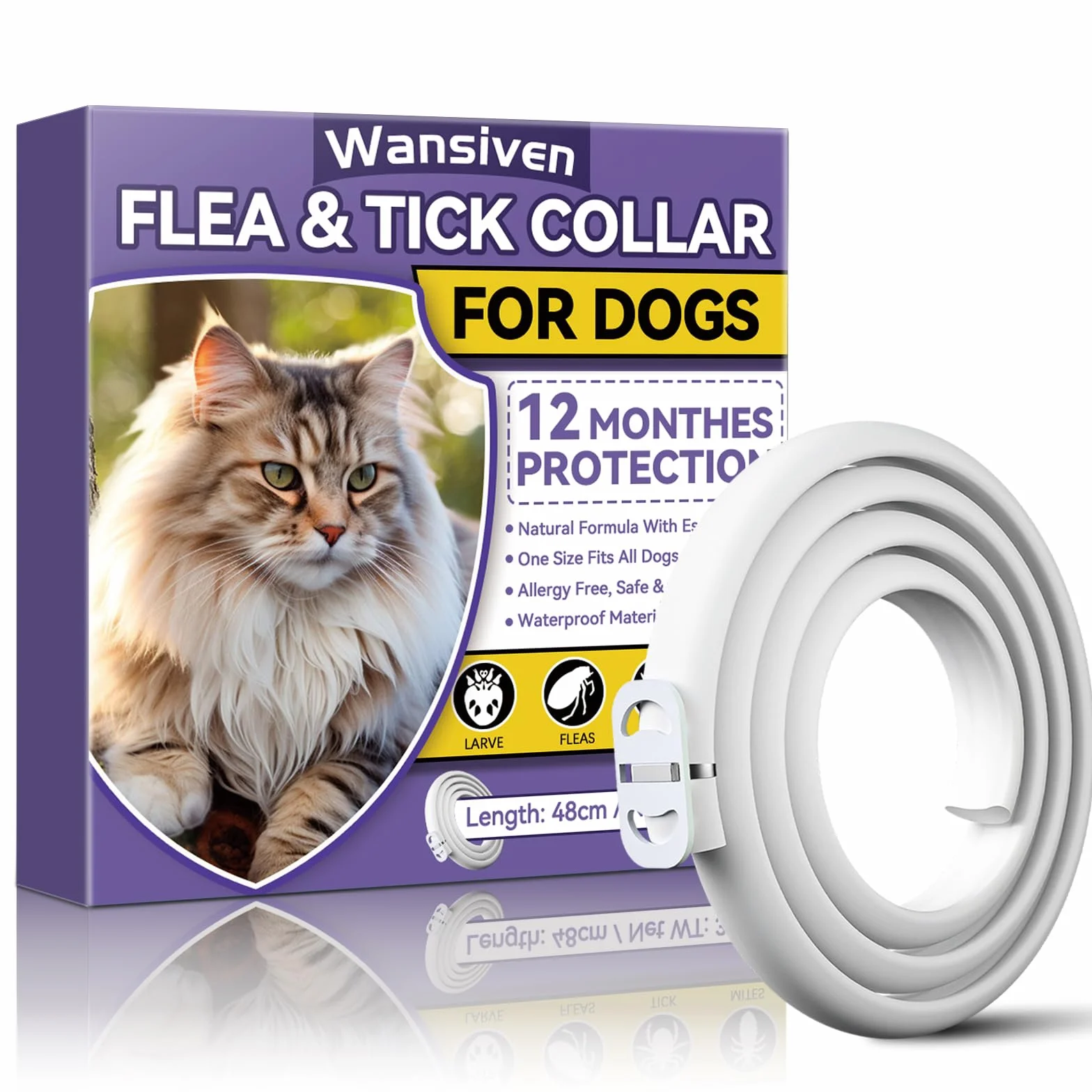 Wansiven Collar Antipulgas para Gatos, Ajustable Collar Antipulgas, Piojos, Pulgas, Parásitos, Adecuado para Gatitos, Gatos Medianos y Grandes 48cm