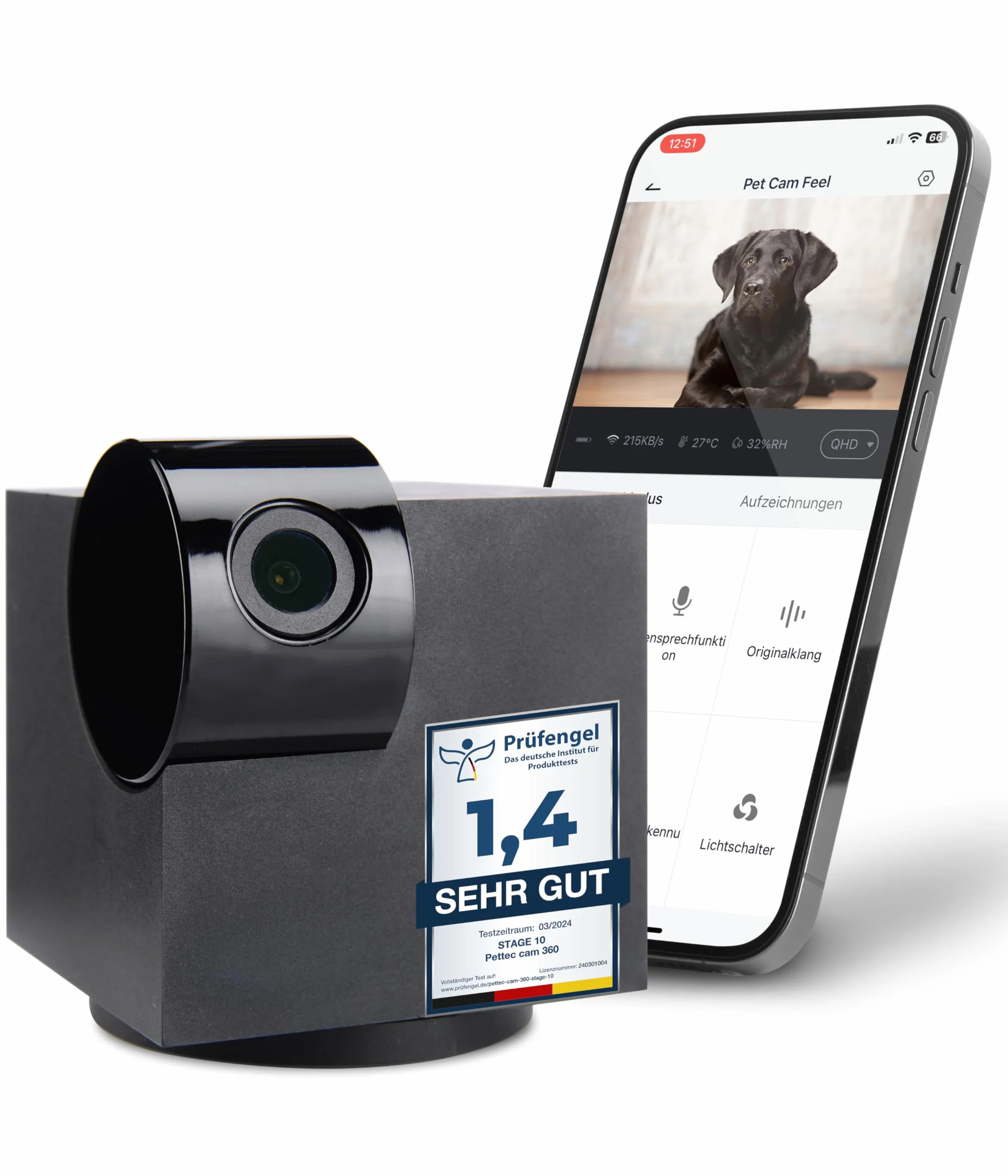 PetTec® CAM 360° Cámara para Mascotas con App [SIN SUSCRIPCIÓN] - Cámara para Perros y Gatos en Casa con Detección de Movimiento y Visión Nocturna - Vista Completa HD 360° Panorámica e Inclinable
