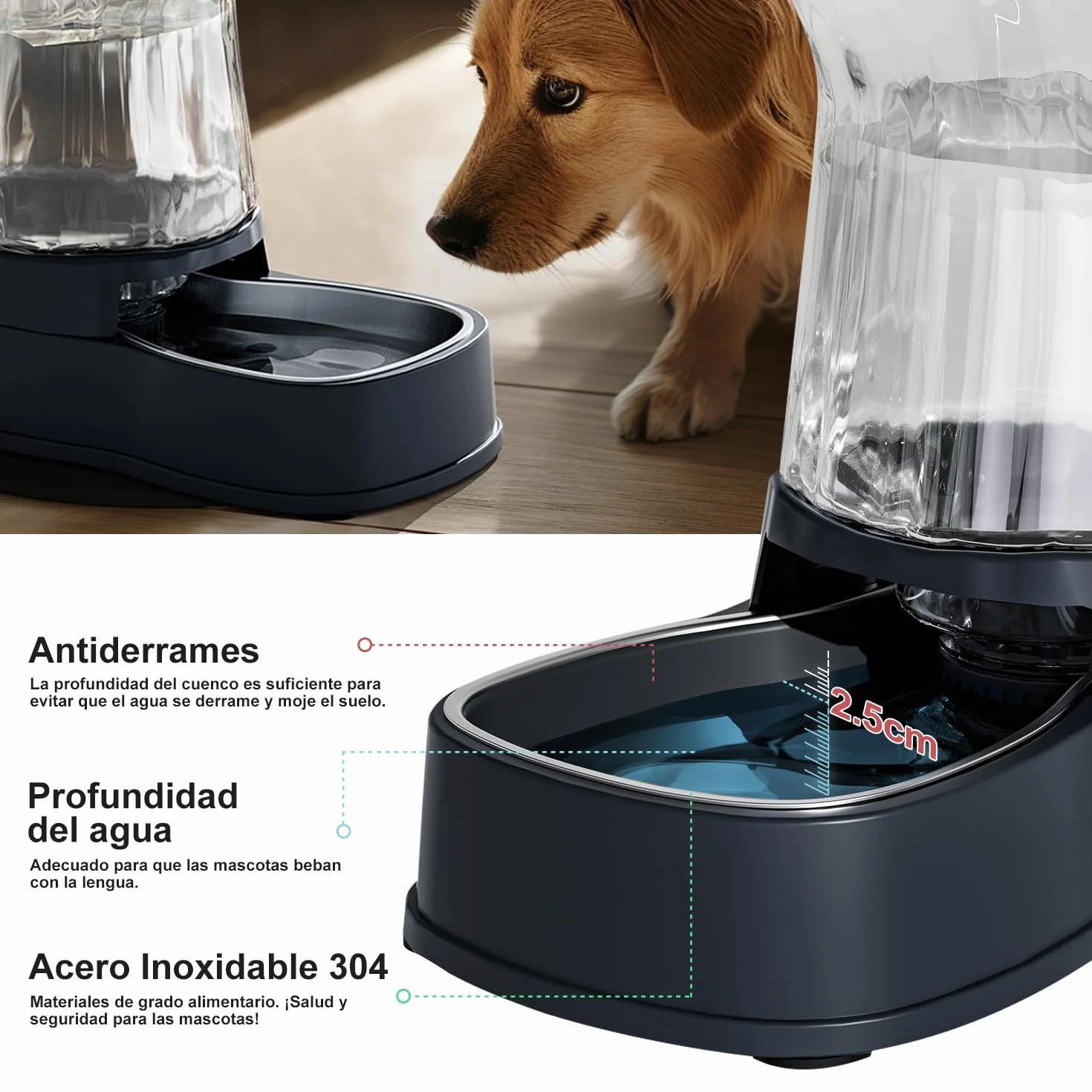 Gardner Pet 3.85L Comedero Gato Automatico, Bebedero Gatos Automatico con Bol Acero Inoxidable, Bebedero Perro para Gravedad, Sin BPA, Prevenir el Vertido, No Requiere Electricidad (Gris)