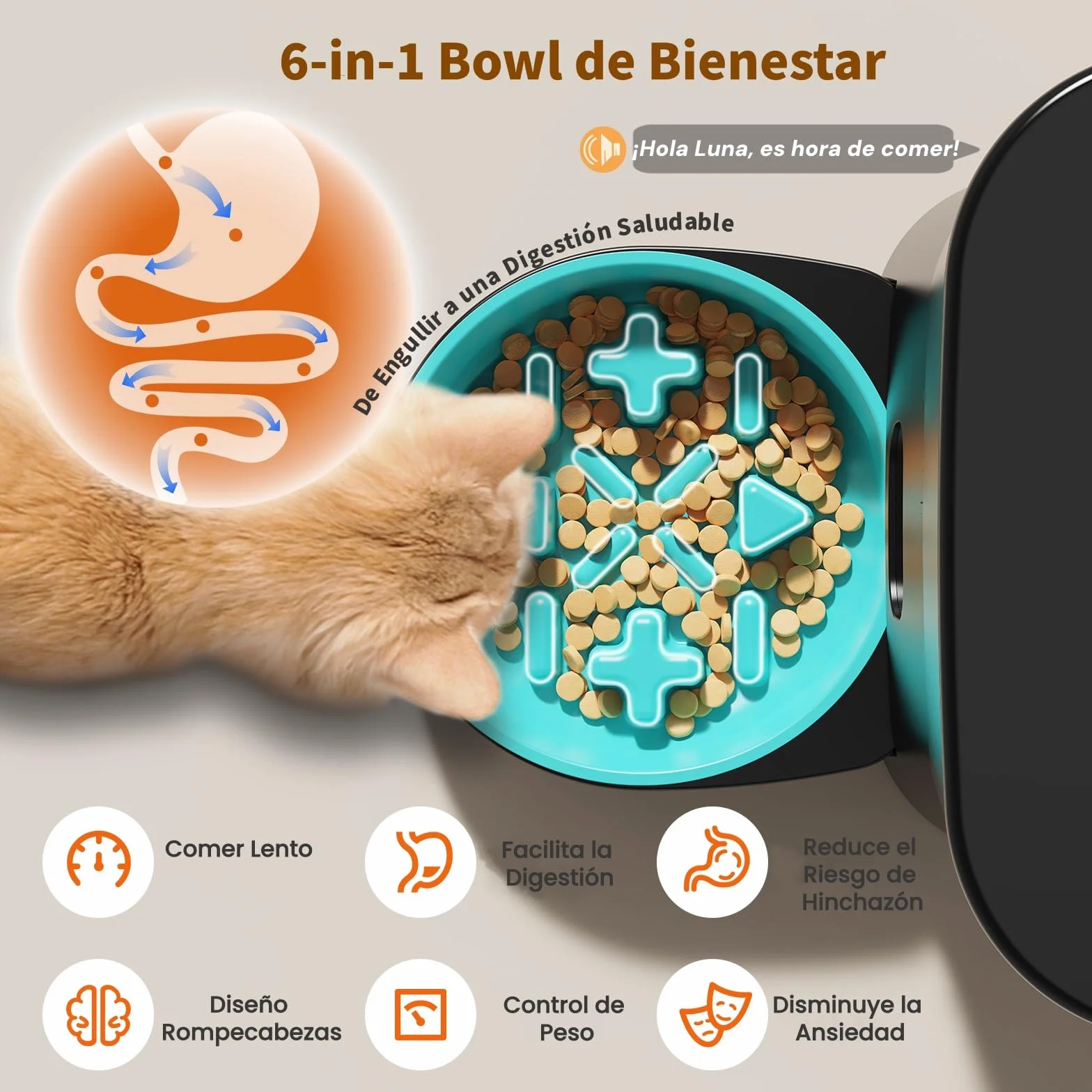 Comedero Gato Automatico 5G WiFi, HONEYGUARDIAN Dispensador Comida Seca Gatos Perros, Alimentador Automatico Gato Fácil Operación con Control App, 4 Cuencos (Acero inoxidable + Lento), 1-6 Comidas/Día