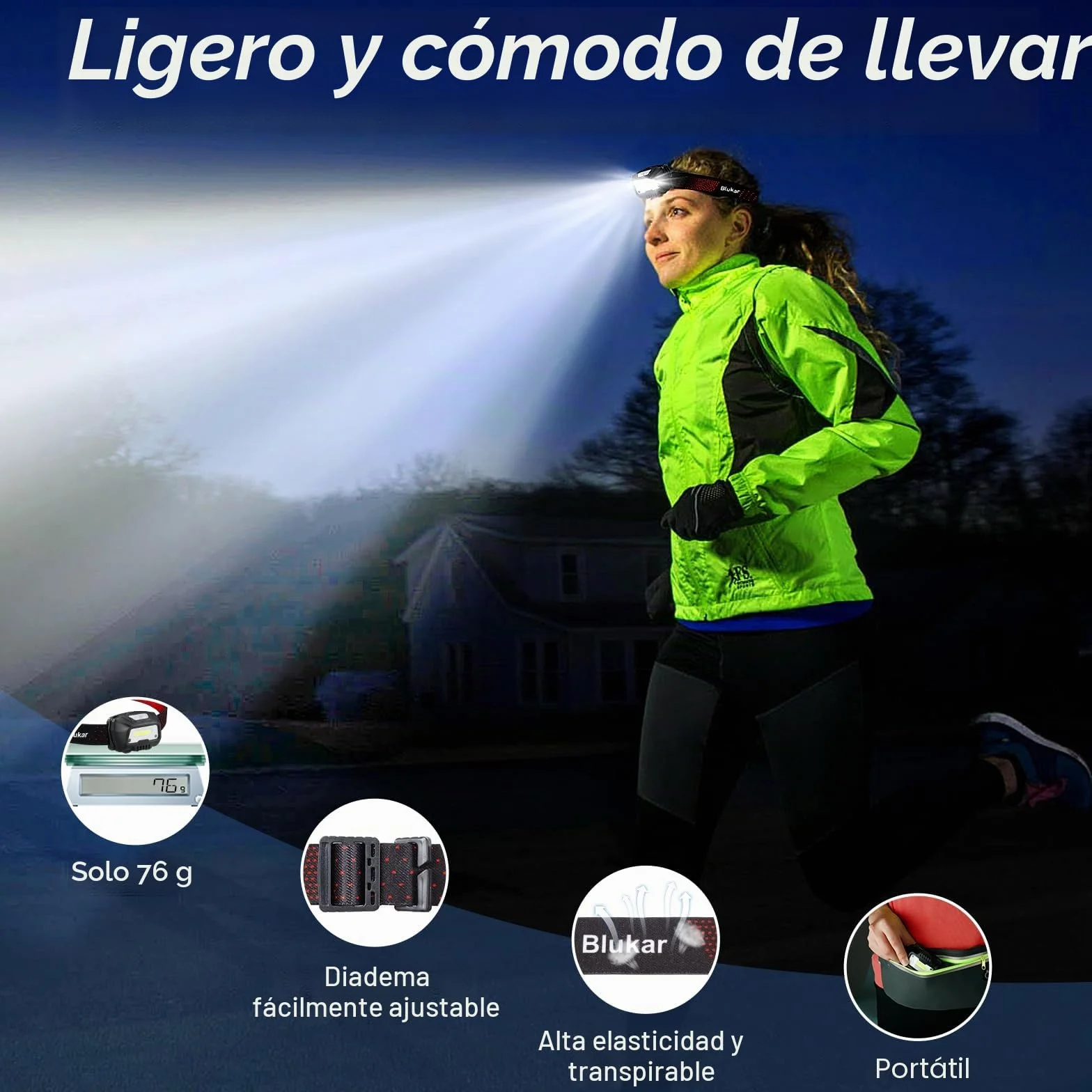 Blukar Linterna Frontal LED Recargable 2000L, IPX5 Impermeable, 30h Funcionamiento, 6 Modos