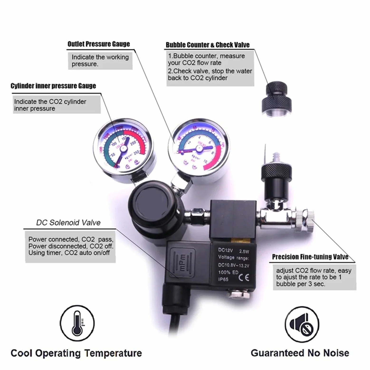 Regulador de Co2 Calibre Grande una Sola Etapa, Accesorios for Acuario, pecera, Cilindro, Tanque, Contador Burbujas, Reductor dióxido Carbono Fis(W218)