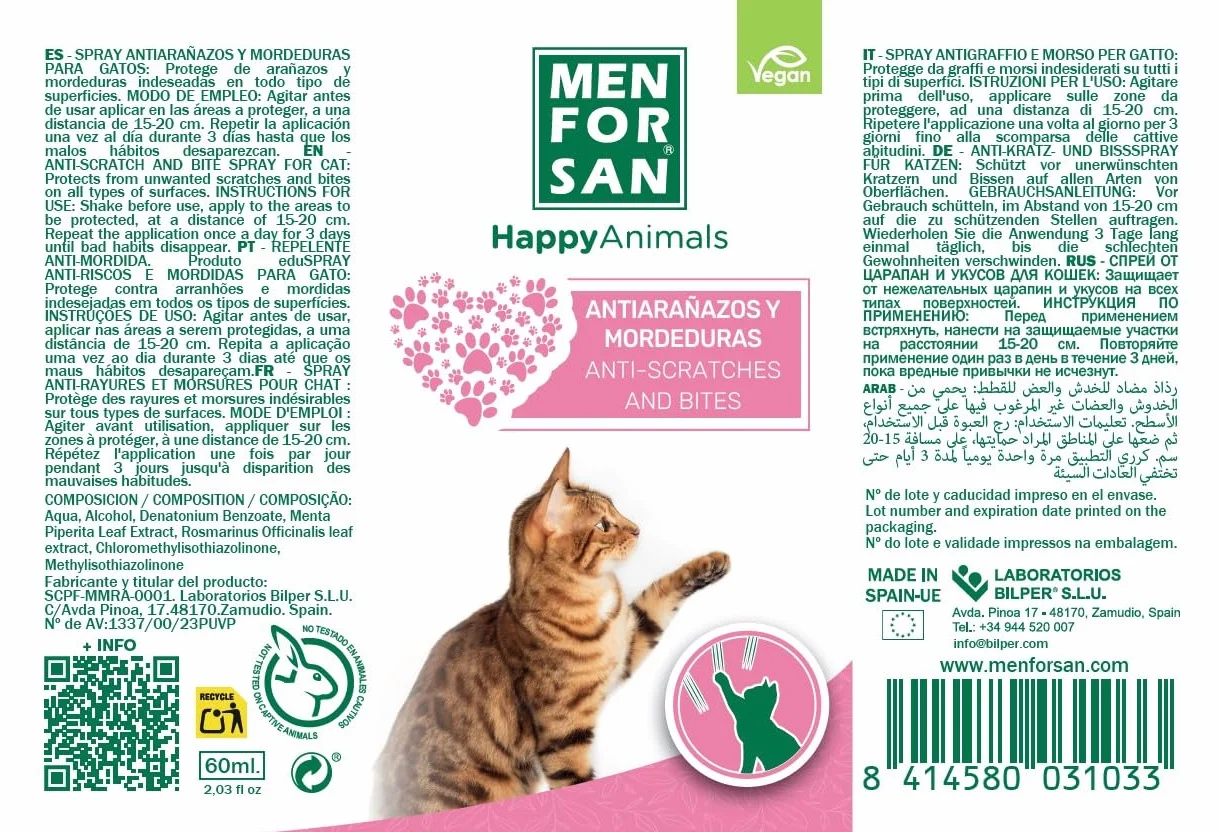 MENFORSAN Antiarañazos y antimordeduras 60ml, Producto educador Natural para Gatos