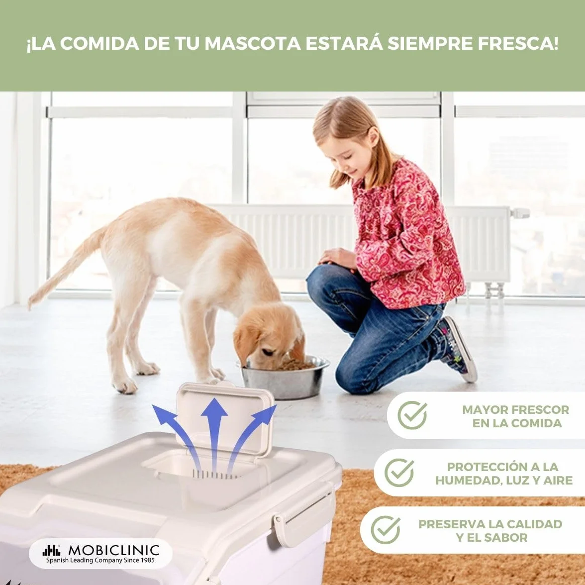 Mobiclinic®, Contenedor Pienso, Pala y Vaso Medidor, Capacidad 20 L/8 Kg, para Mascotas, Cierre Hermético, 23x25,5x36,5cm, con Ruedas, Ventana Transparente, Preservación de Frescor, Feedpet