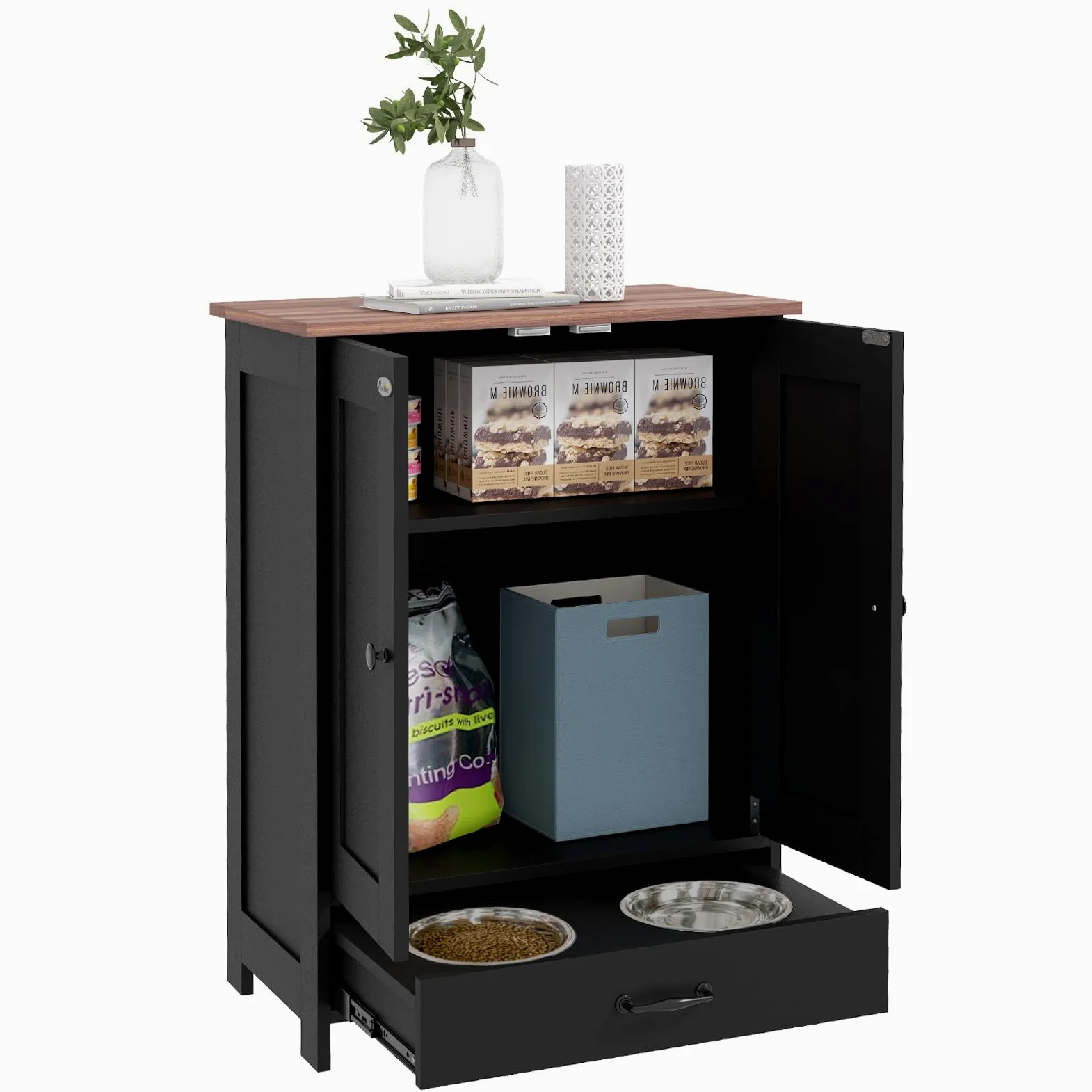 PawHut comedero para Mascotas con Almacenamiento, comedero para Perros con Cuencos elevados para Perros, Panel Ajustable, Ganchos, gabinete de Almacenamiento de Alimentos para Mascotas, Negro