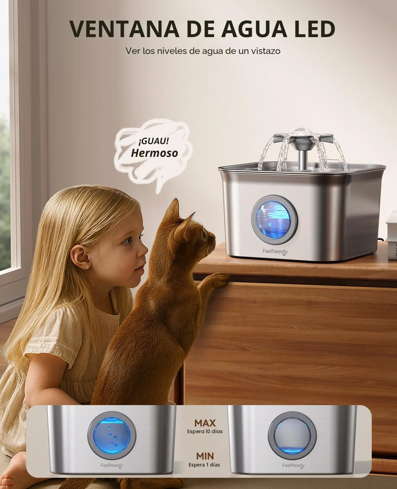 2.8L Fuente para Gatos Acero Inoxidable con 3 Filtros, FEELNEEDY Bebedero Gatos Ultra Silencioso, Filtración de Cuatro Capas, Fácil de Limpiar, Apta para Lavavajillas