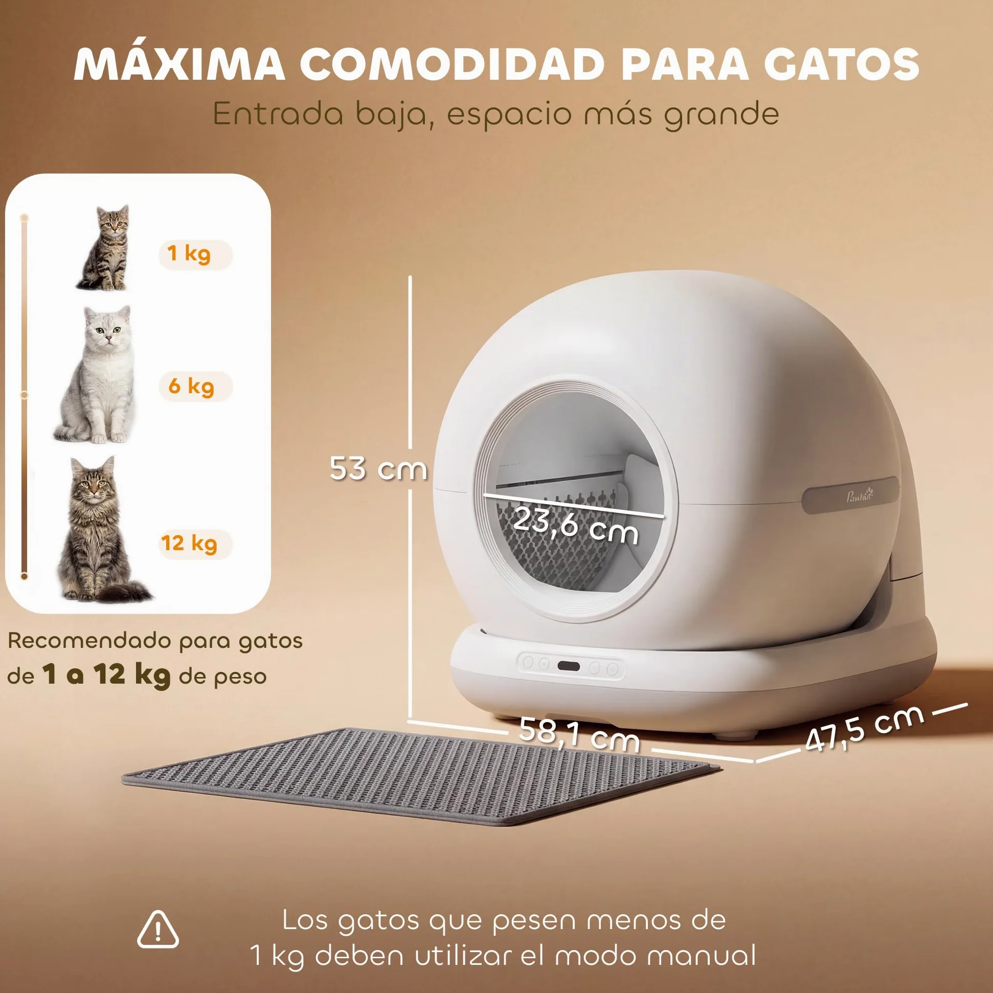 PawHut Arenero Gatos Autolimpiable 72L Extragrande con Control por App | Sensores de Seguridad, Control de Olores y Ruido, Gel Desodorante, Alfombrilla y Bolsas de Basura