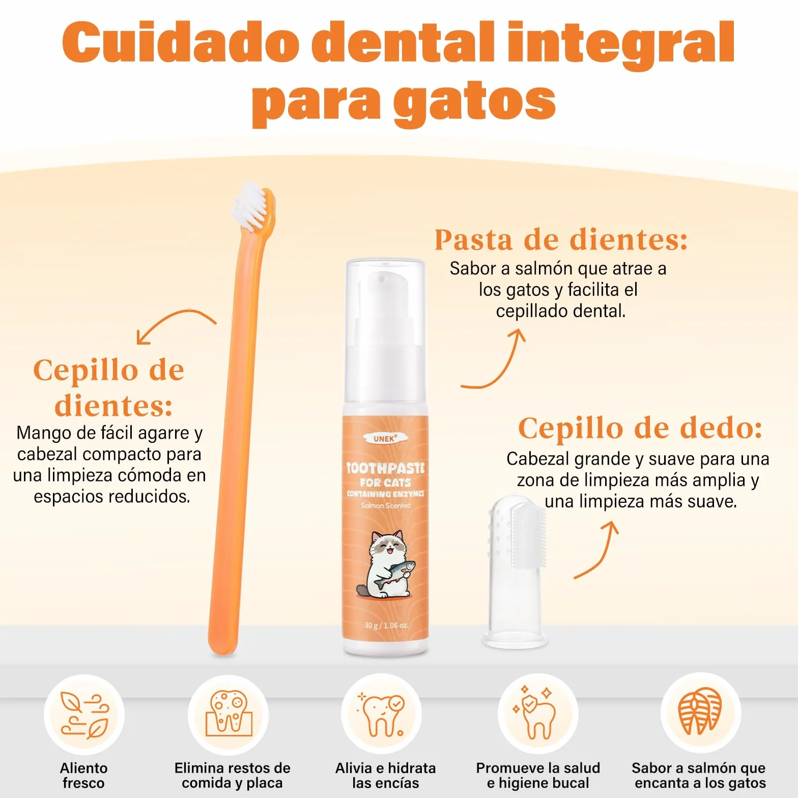 UNEK Kit de cuidado dental para gatos – Pasta de dientes enzimática 30 g sabor salmón, con cepillo de dientes y cepillo de dedo, ayuda a reducir la placa y el mal aliento