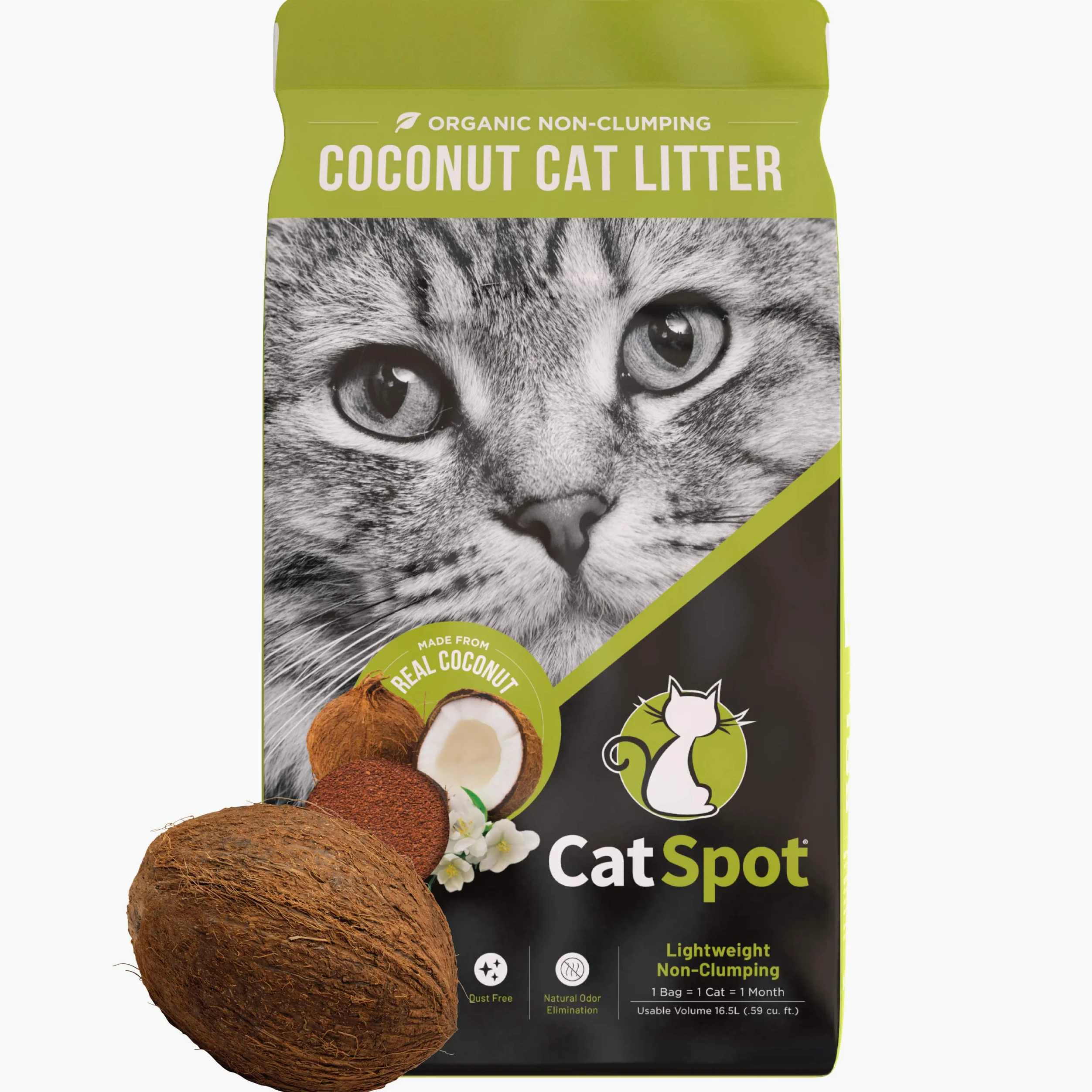 Arena CatSpot para gatos sin grumos: arena de coco biodegradable, totalmente natural, ligera y sin polvo