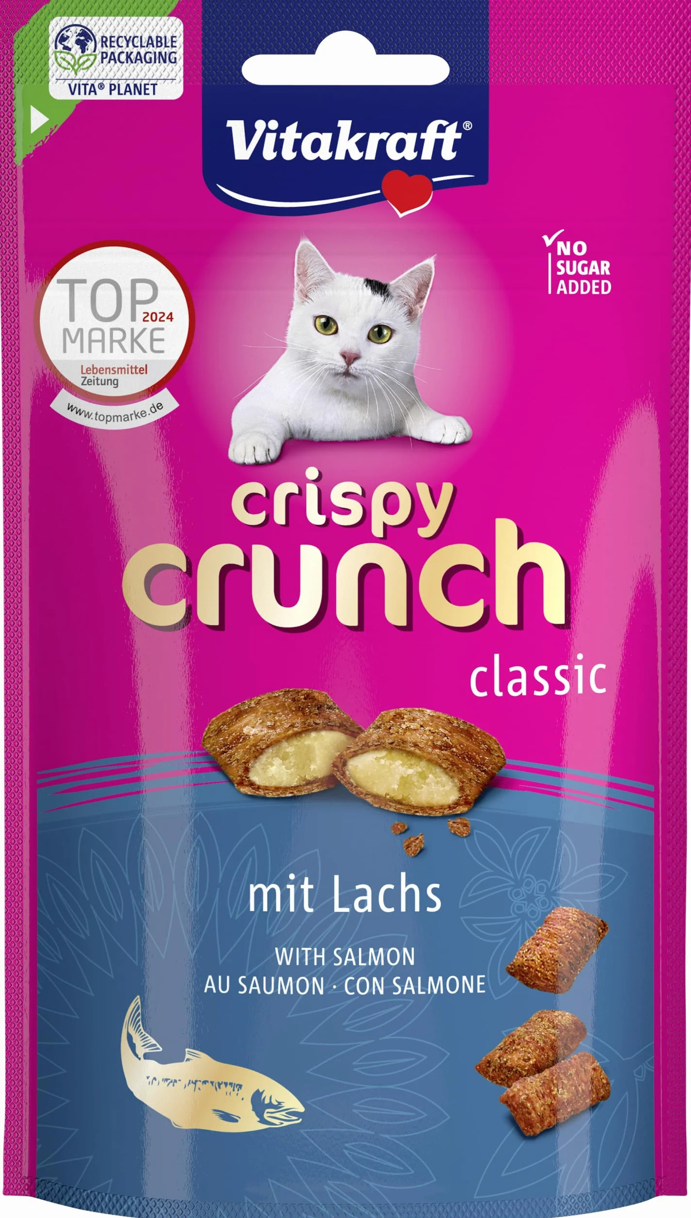 Vitakraft Crispy Crunch Classic, golosina para gatos, snack crujiente relleno de salmón, en bolsa resellable, sin azúcar añadido (1x 60g)
