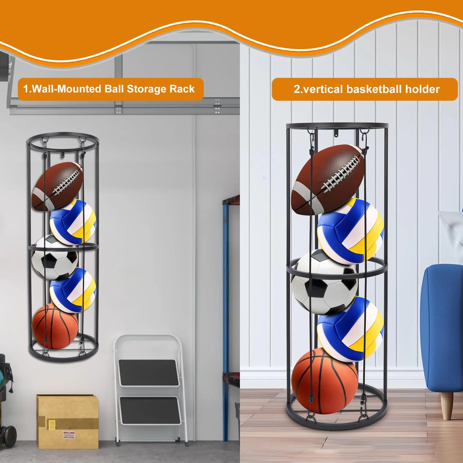 Ballaufbewahrung vertikale Ballregal Garage Organizer abnehmbar Sport Ballhalter Basketball Fußball