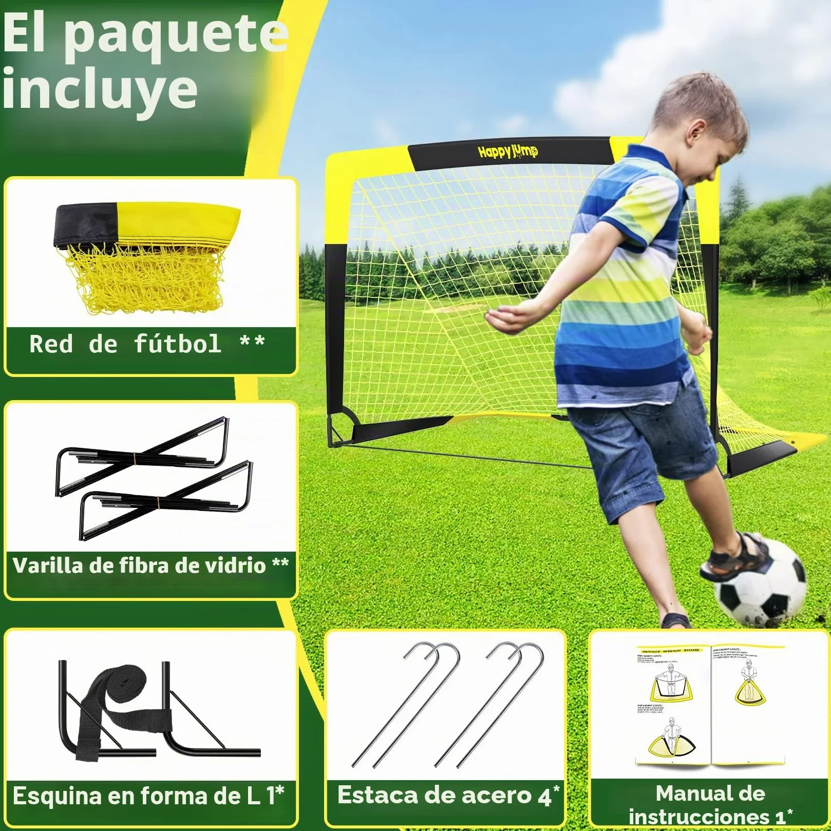 Happy Jump Portería de Fútbol Pop-Up Plegable 120x91 152x110 213x152 cm Portátil para Jardín Entrenamiento