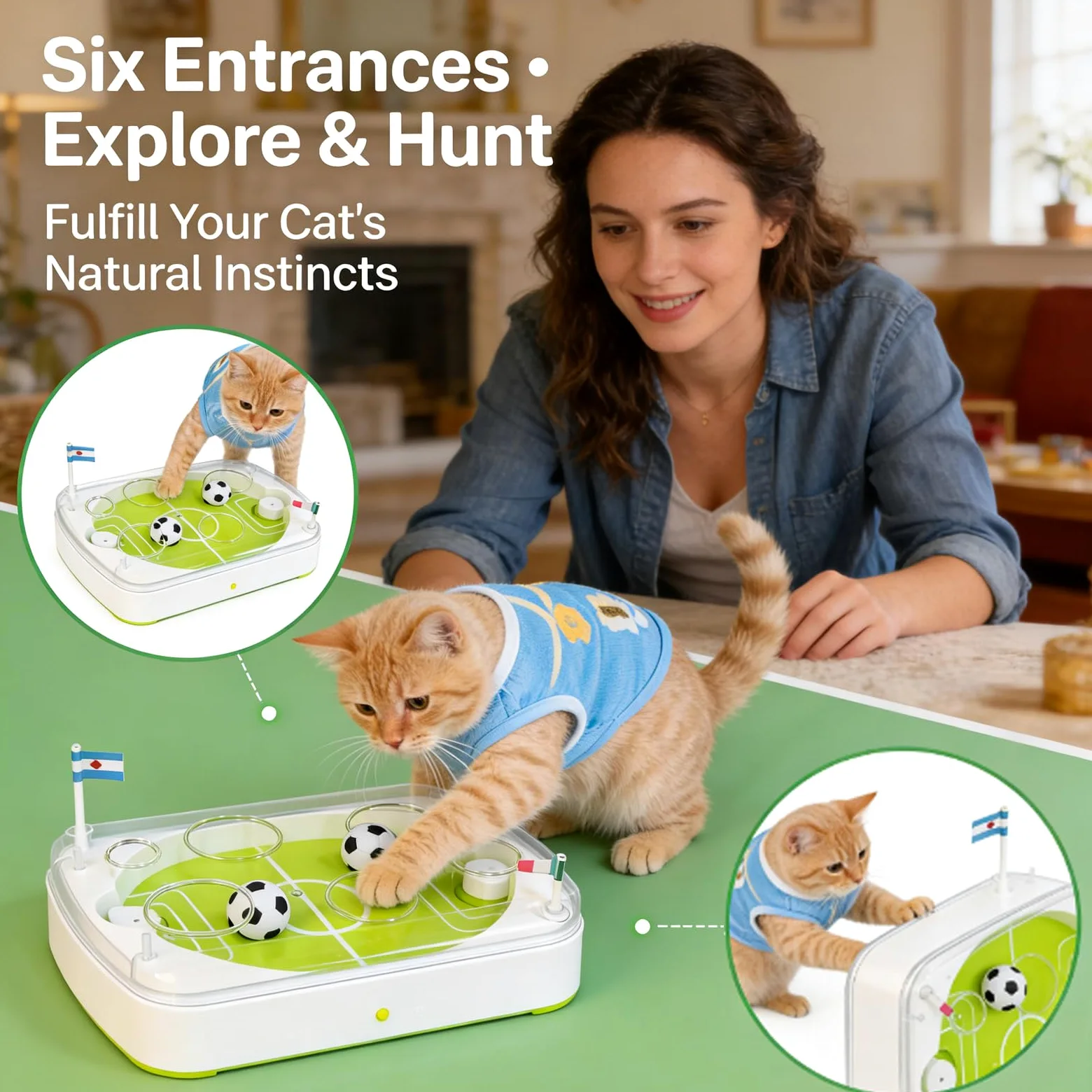 Juguete interactivo de rompecabezas de campo de fútbol para gatos con luces LED, bola de hierba gatera, sensor de movimiento, recargable por USB, caza y entrenamiento en interiores (2 piezas)
