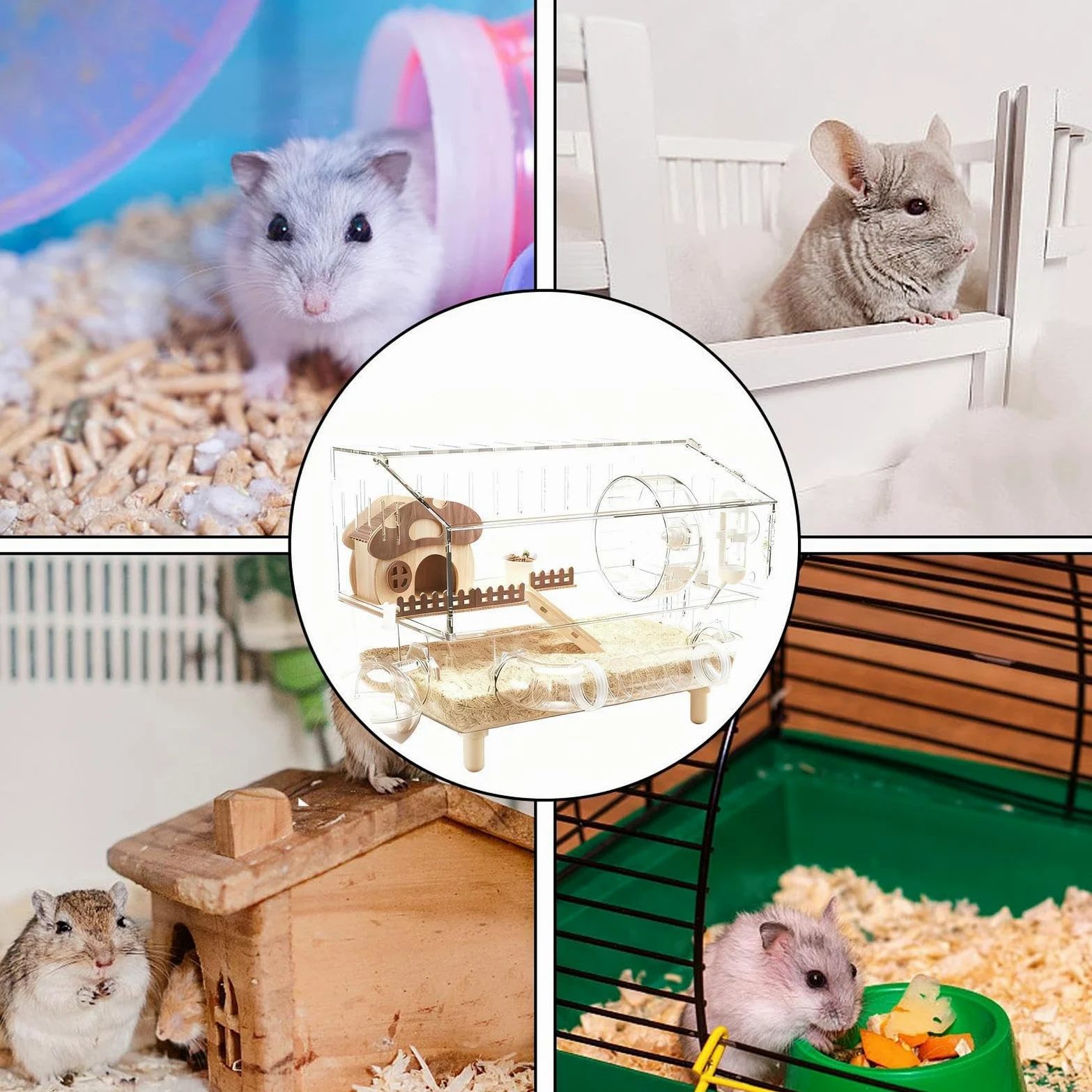 Jaula grande de acrílico para hámster con accesorios, tanque de hábitat de 2 capas con rueda de ejercicio para mascotas pequeñas como ratones, hámsters enanos y jerbos, 45 x 28 x 34 cm