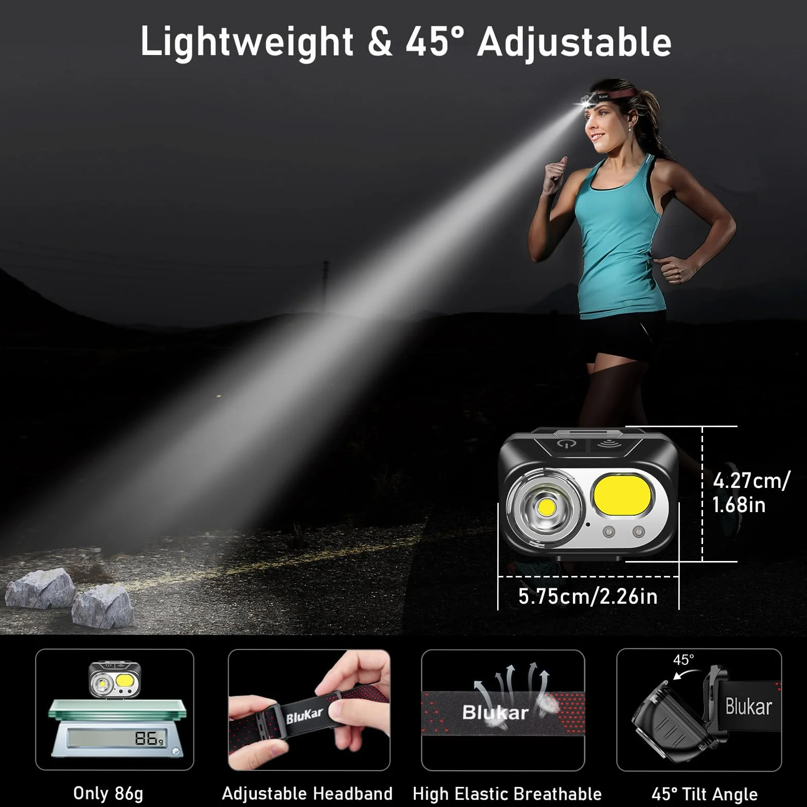Blukar Linterna Frontal Recargable LED Superbrillante, Atenuación Continua, IPX5 Impermeable para Camping