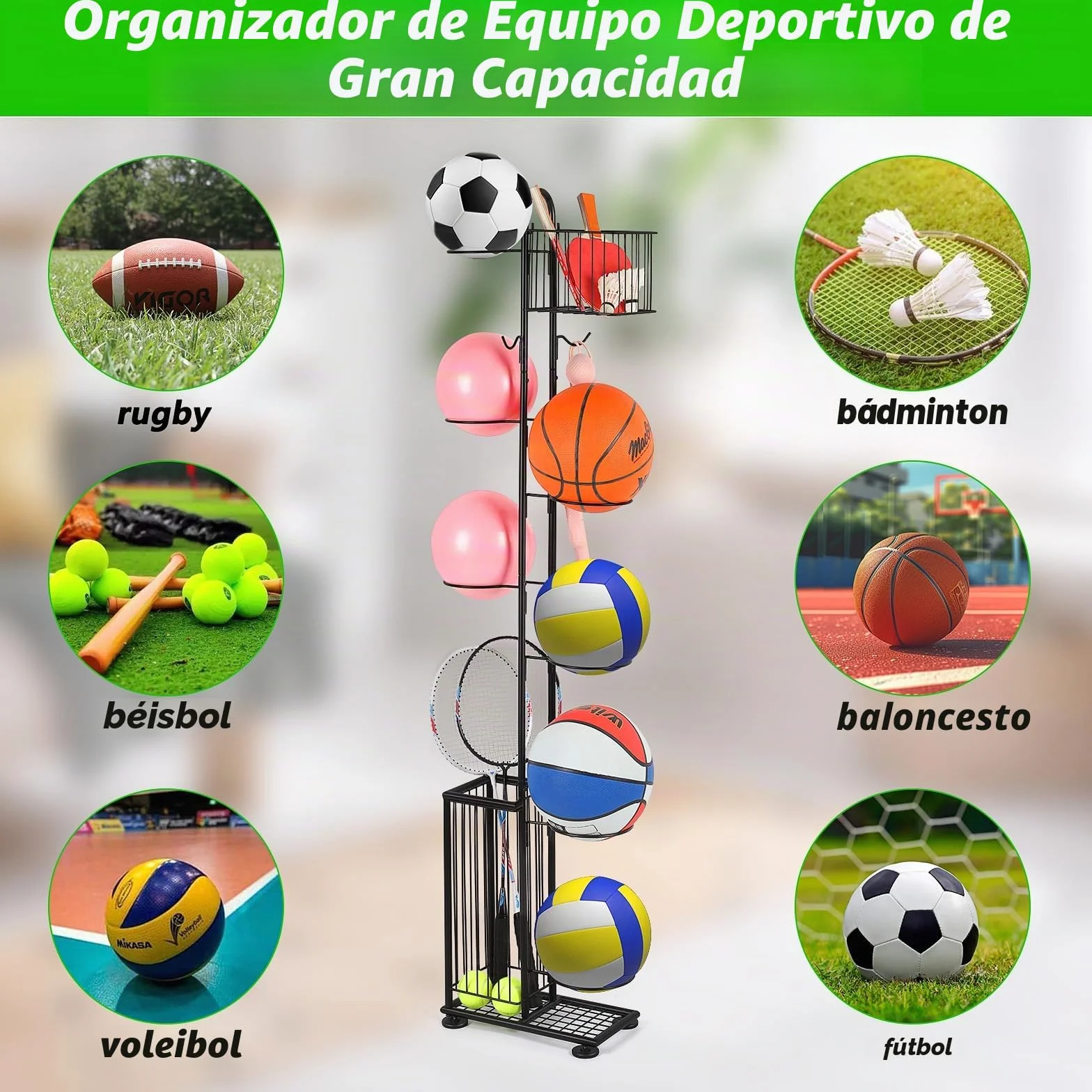 Soporte para bolas 7 niveles, estantería de almacenamiento vertical para baloncesto, fútbol, rugby, voleibol, fútbol (Negro)
