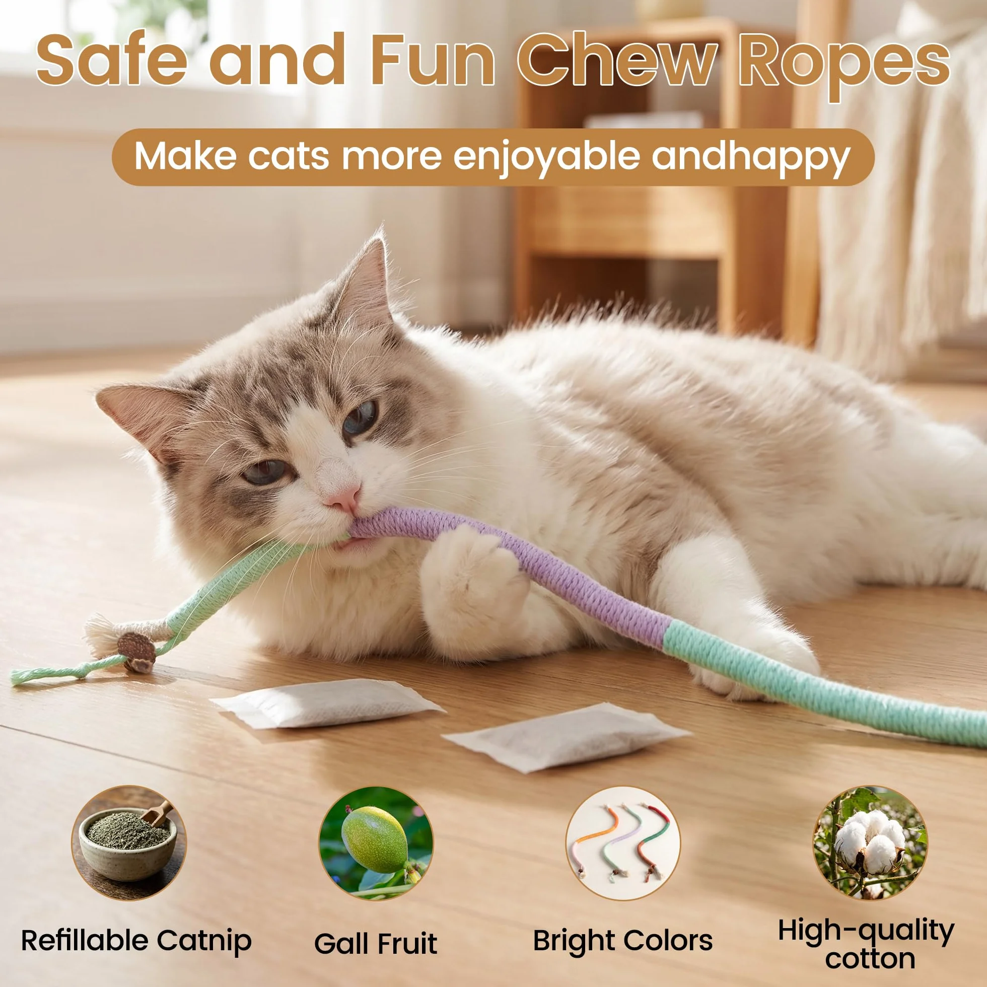 Juguetes para gatos, 7 cuerdas masticables para gatos y palos de vid plateada para gatos con hierba gatera natural y vid plateada, juguetes de limpieza segura de dientes para gatitos de