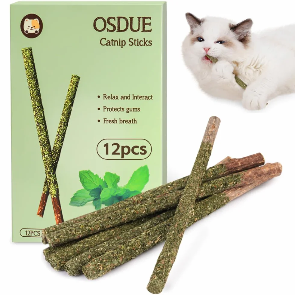 OSDUE Palitos De Hierba Gatera, 12 Masticar Palos para Gatos, 100% Orgánico Natural, para Aliviar el Aburrimiento y Limpiar los Dientes