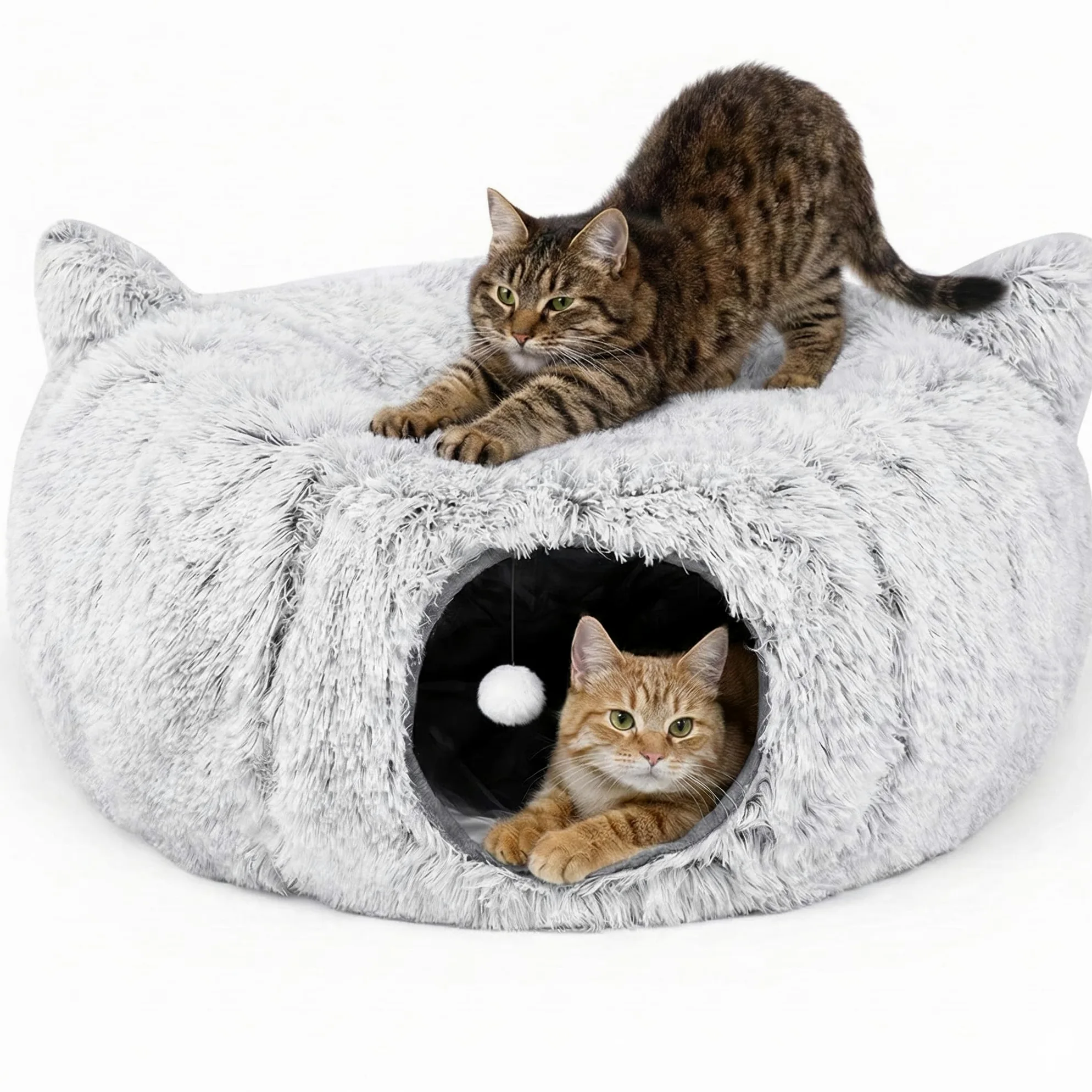 Cueva de cama para gatos con juguetes de hierba gatera, escondite para gatos Peekaboo y túnel de dona para gatos, túneles 3 en 1 para gatos de interior, cama plegable para gatos, lavable de