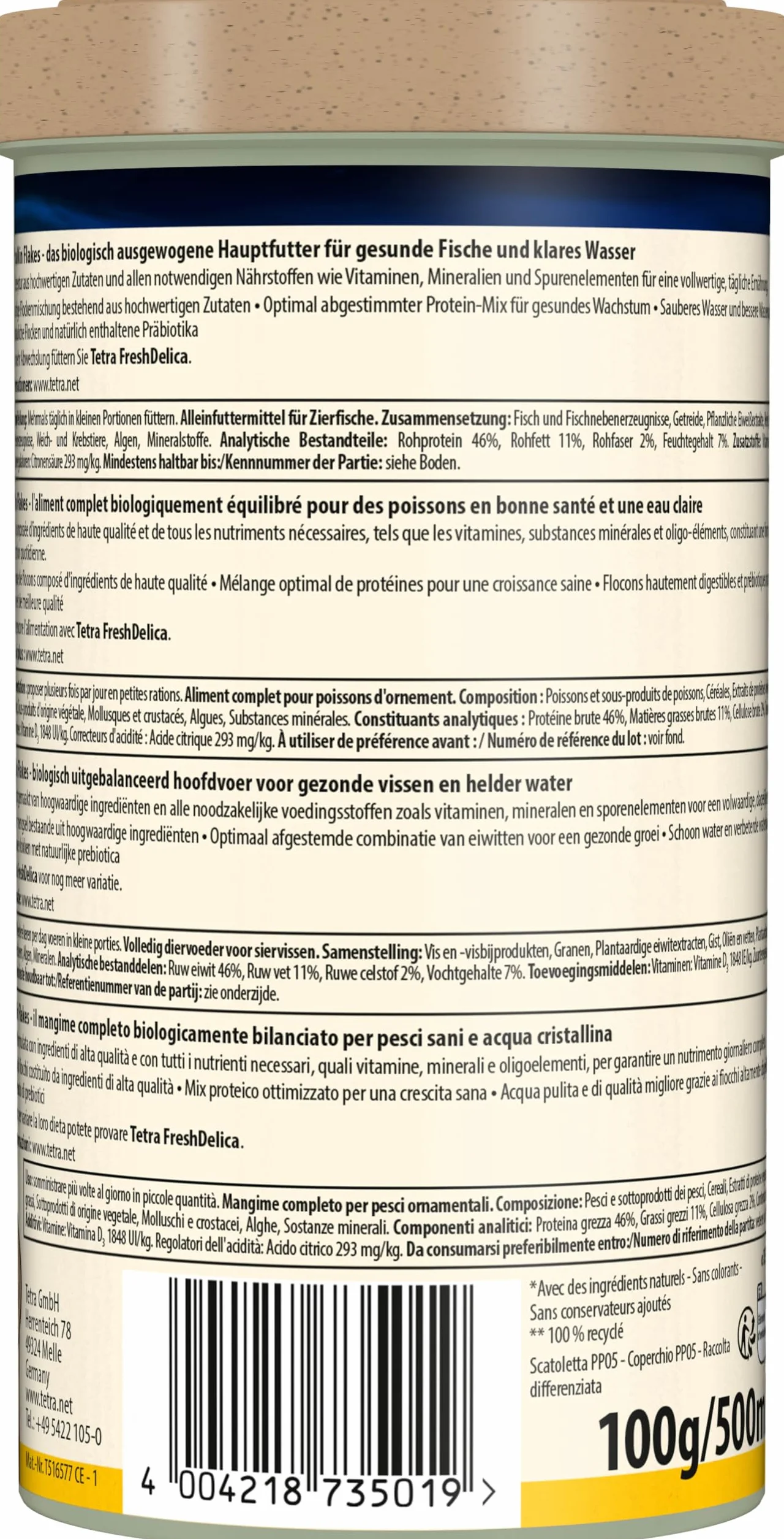TetraMin Flakes - alimento en forma escamas de para todos los peces ornamentales, mezcla equilibrada para peces sanos y agua clara, lata de 500 ml
