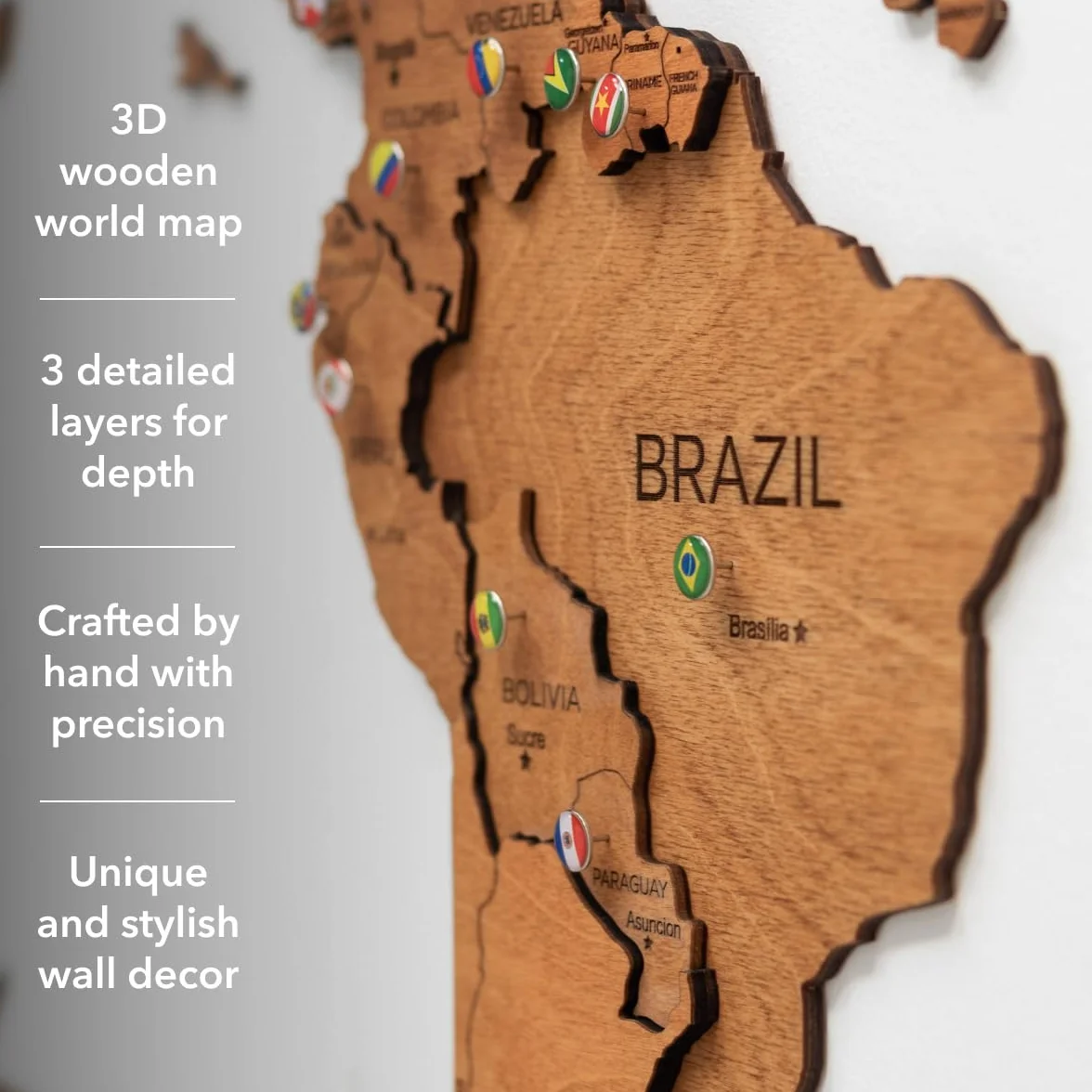 Mapa Mundial de Madera 3D Arte de Pared Decoración de Pared para Regalo de Inauguración de Casa (L, Oak)