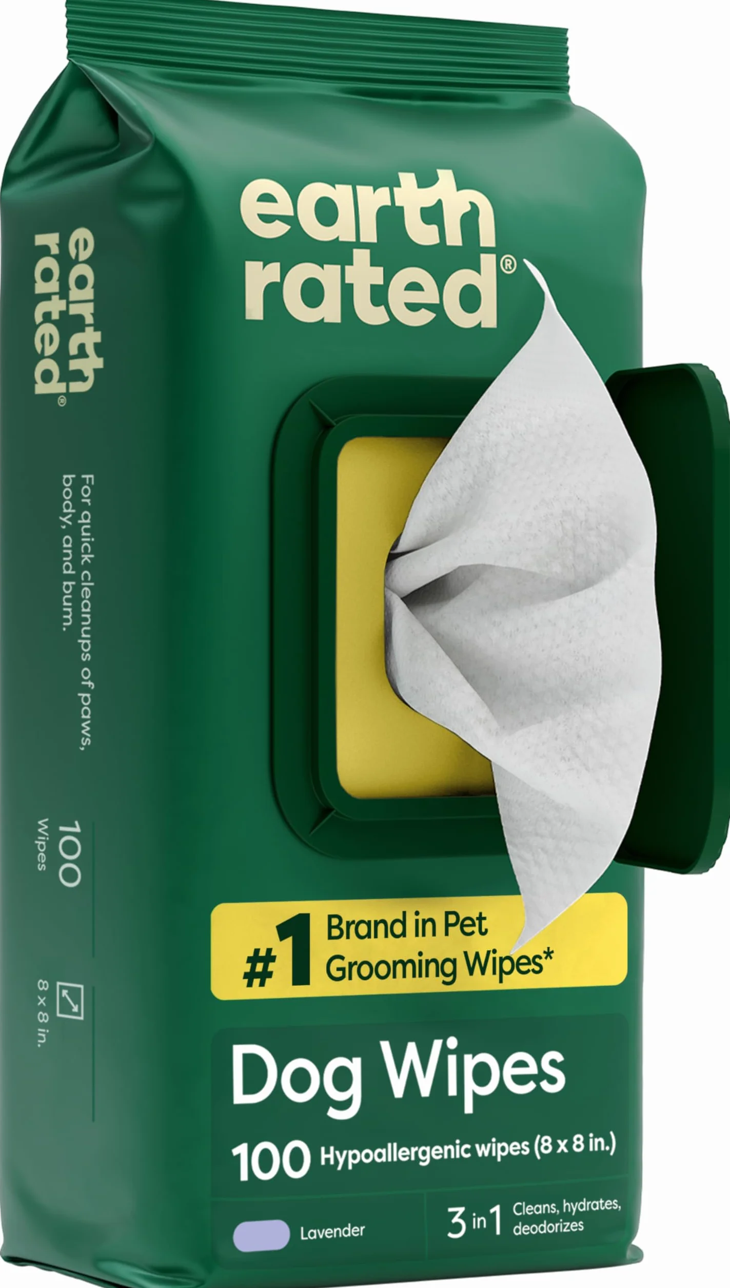 Earth Rated Toallitas hipoalergénicas para Perros, para Limpiar y Eliminar olores de Patas, Cuerpo y Trasero, Cachorros y Perros Adultos, Aroma a Lavanda, 100 Unidades