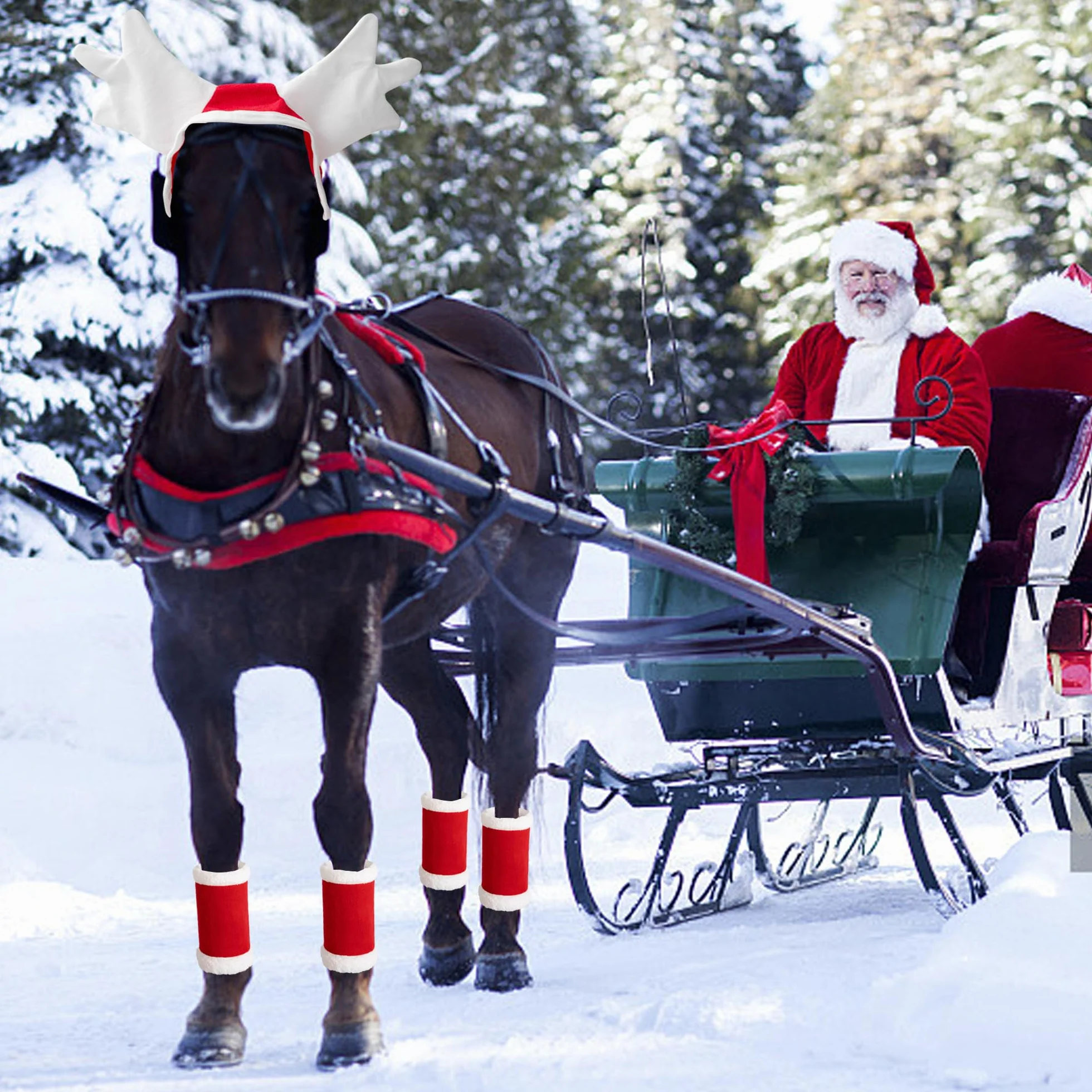 5 unidades/6 disfraces de Navidad de caballo, envoltura de terciopelo para piernas de caballo, sombrero de Snata, almohadilla de sillín para suministros de fiesta de vacaciones
