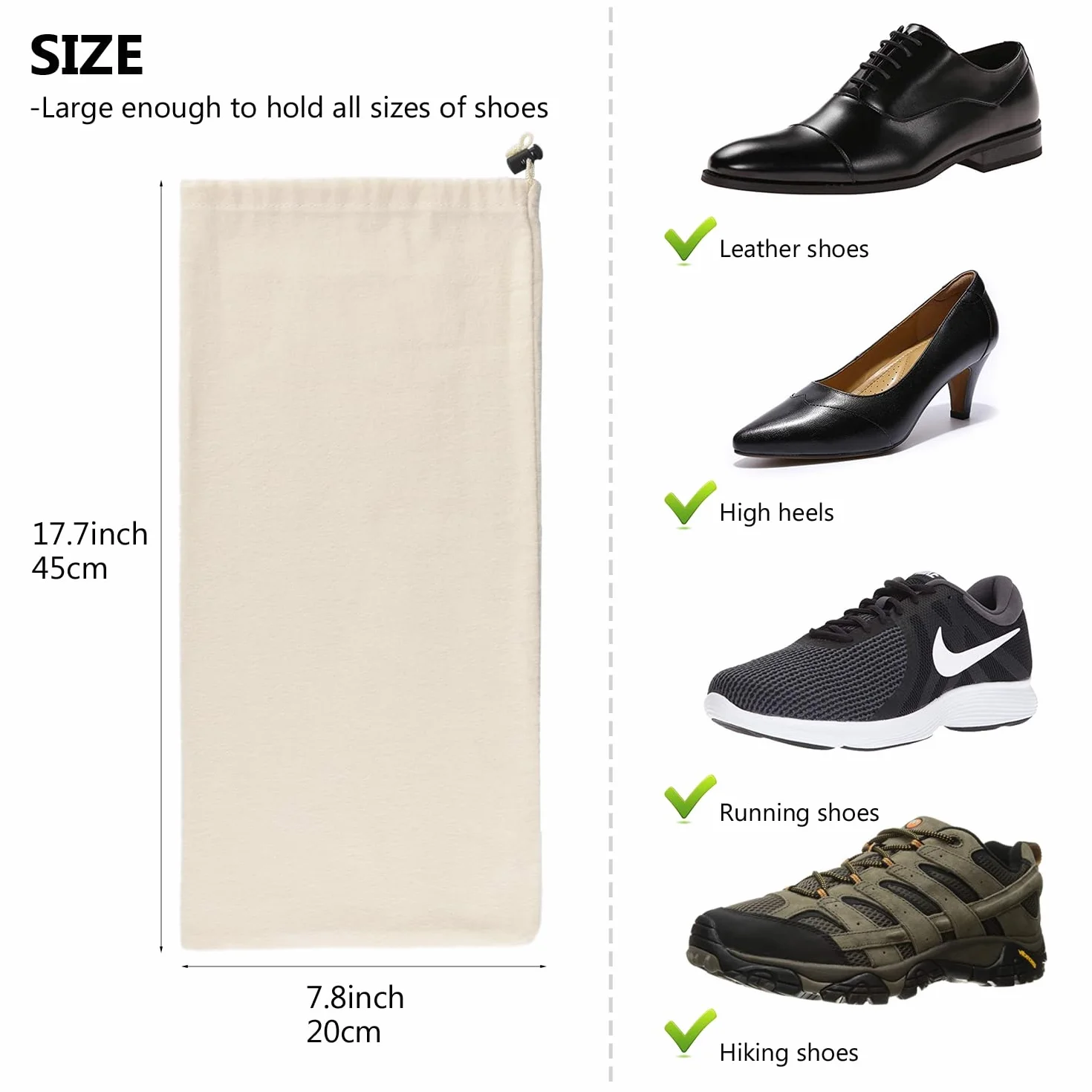 Bolsa para Guardar Zapatos 100% Algodón con Cordón, Juego de 4 Piezas para Viaje y Almacenamiento