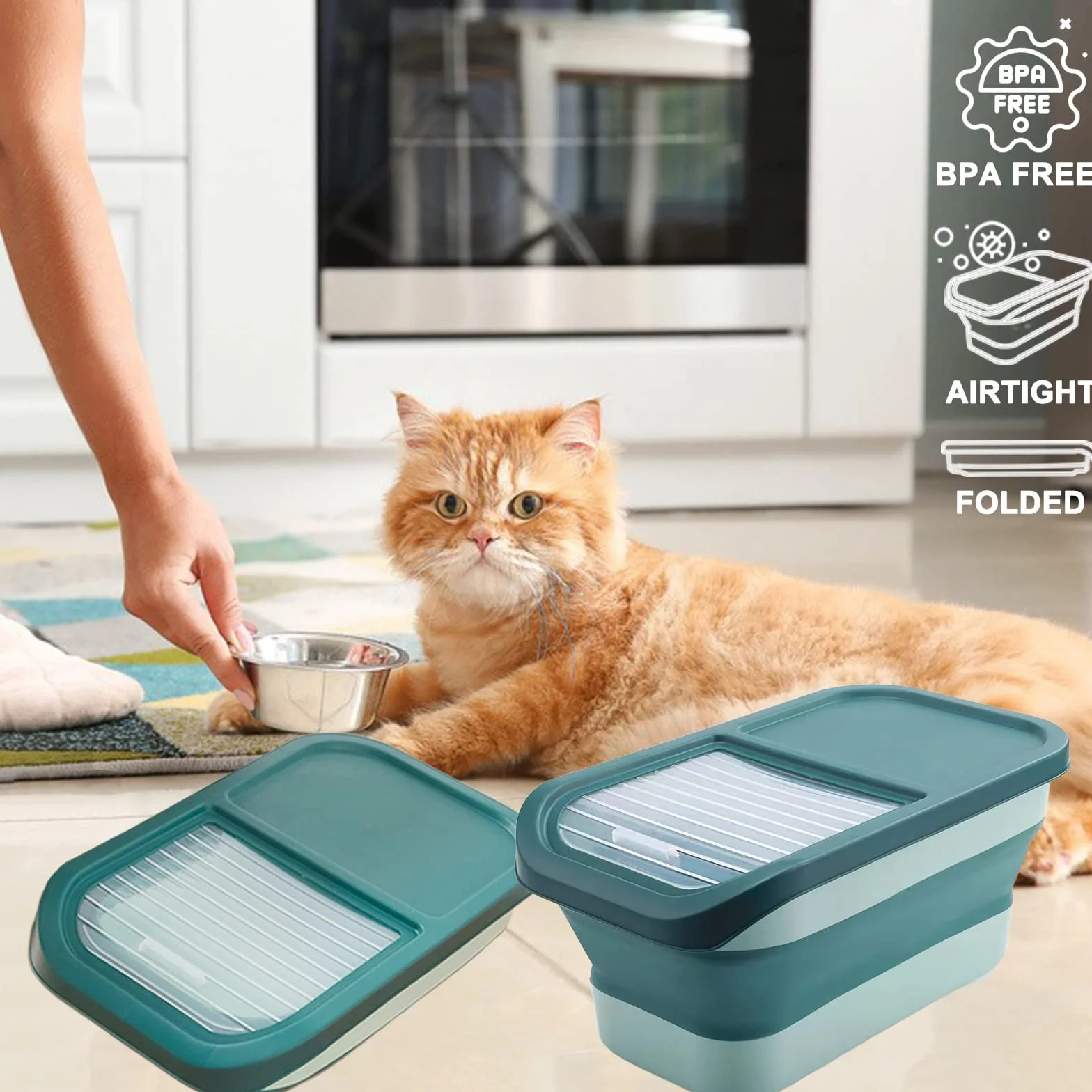 Contenedor Pienso Perro Gato Plegable Cubo Caja Almacenamiento Comida con Pala y Taza Medidora (Verde)