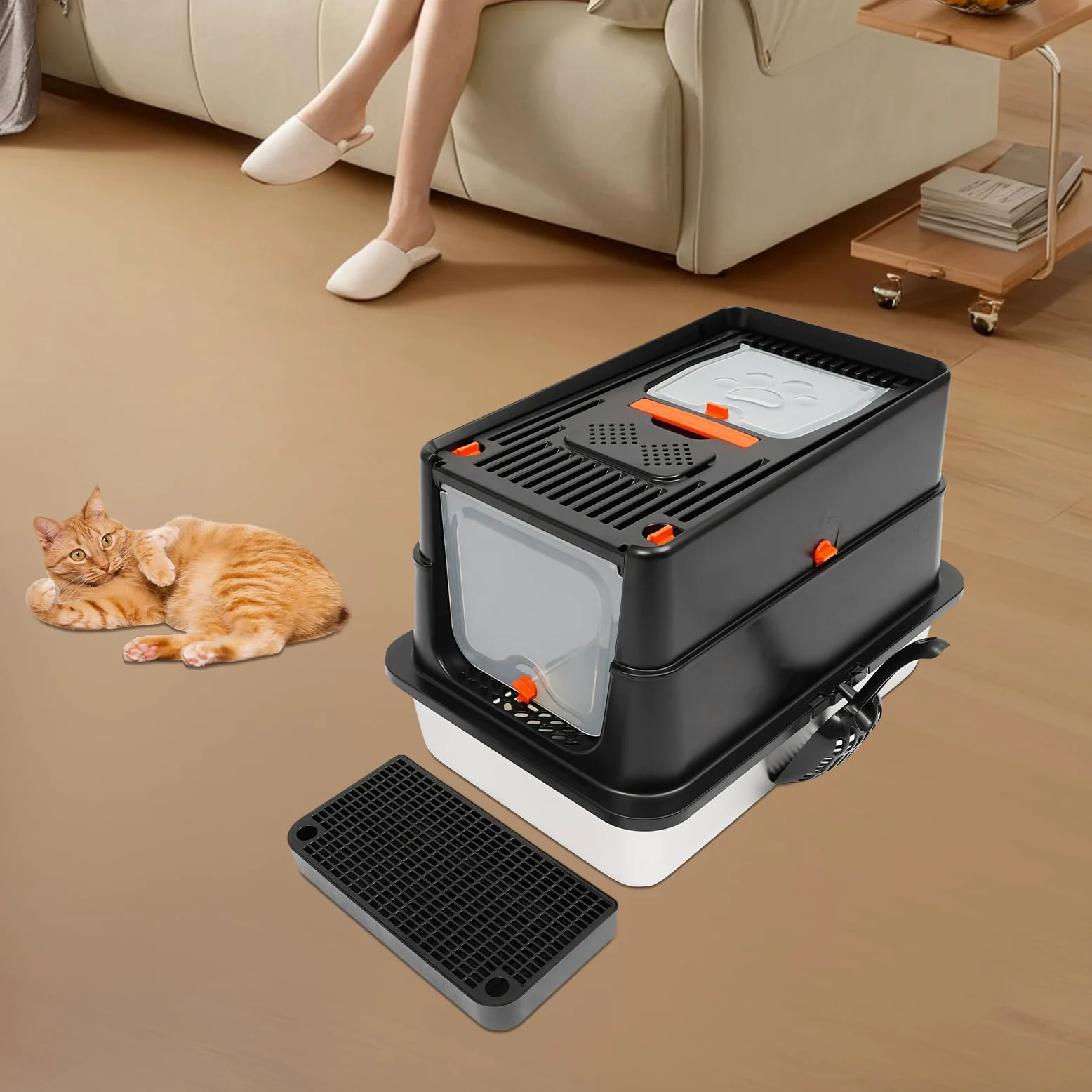 Caja de arena cerrada de acero inoxidable con tapa, caja de arena para gatos con pala, pedal de basura y almohadillas de agarre con apertura en forma de U, adecuado para gatos de hasta 15 kg (negro)