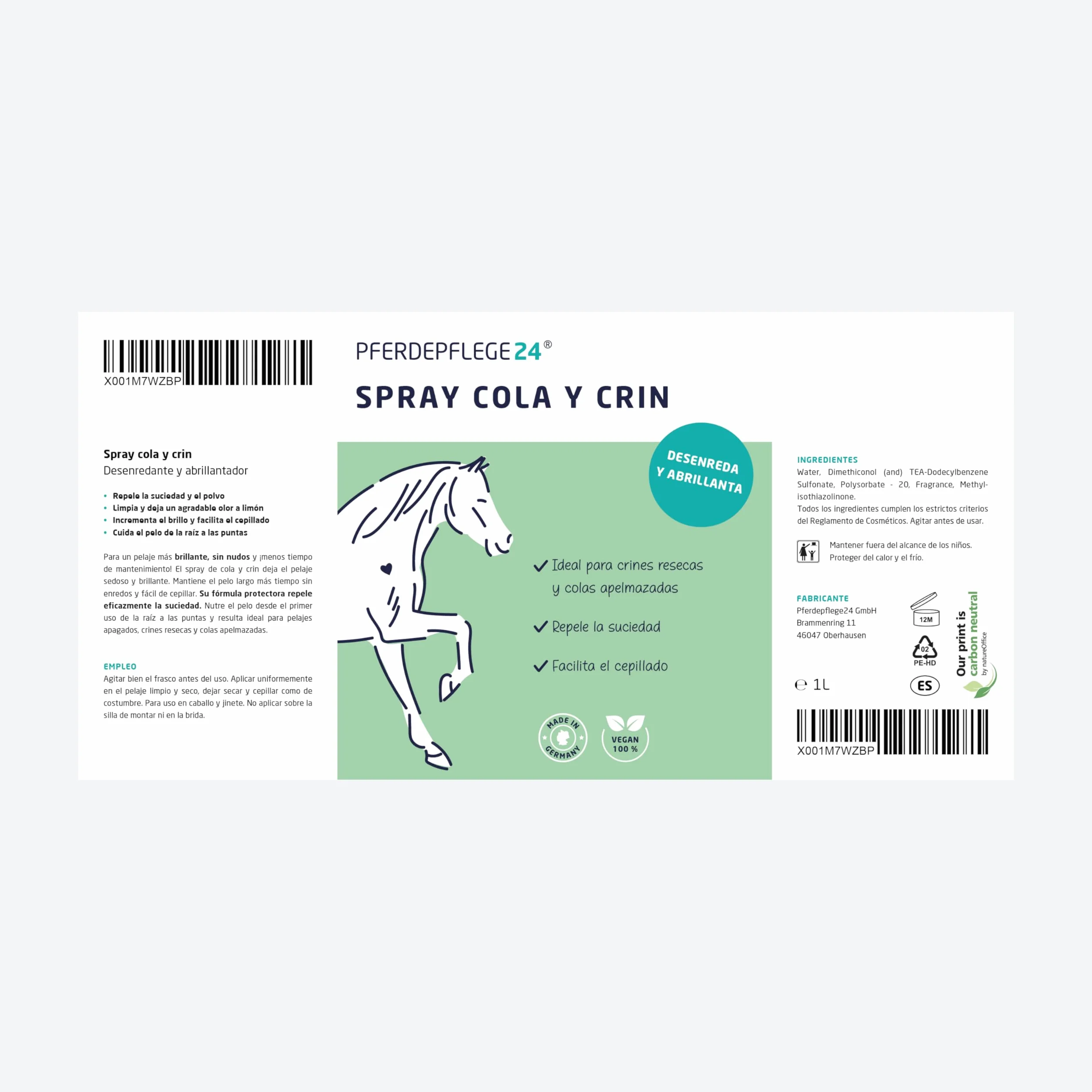 PFERDEPFLEGE24 Spray Abrillantador y Desenredante para Cola y Crin de Caballos - 500ml y 1L - Brillo Intenso, Facilidad para Peinar y para un Pelaje Saludable - Desenredante para caballos